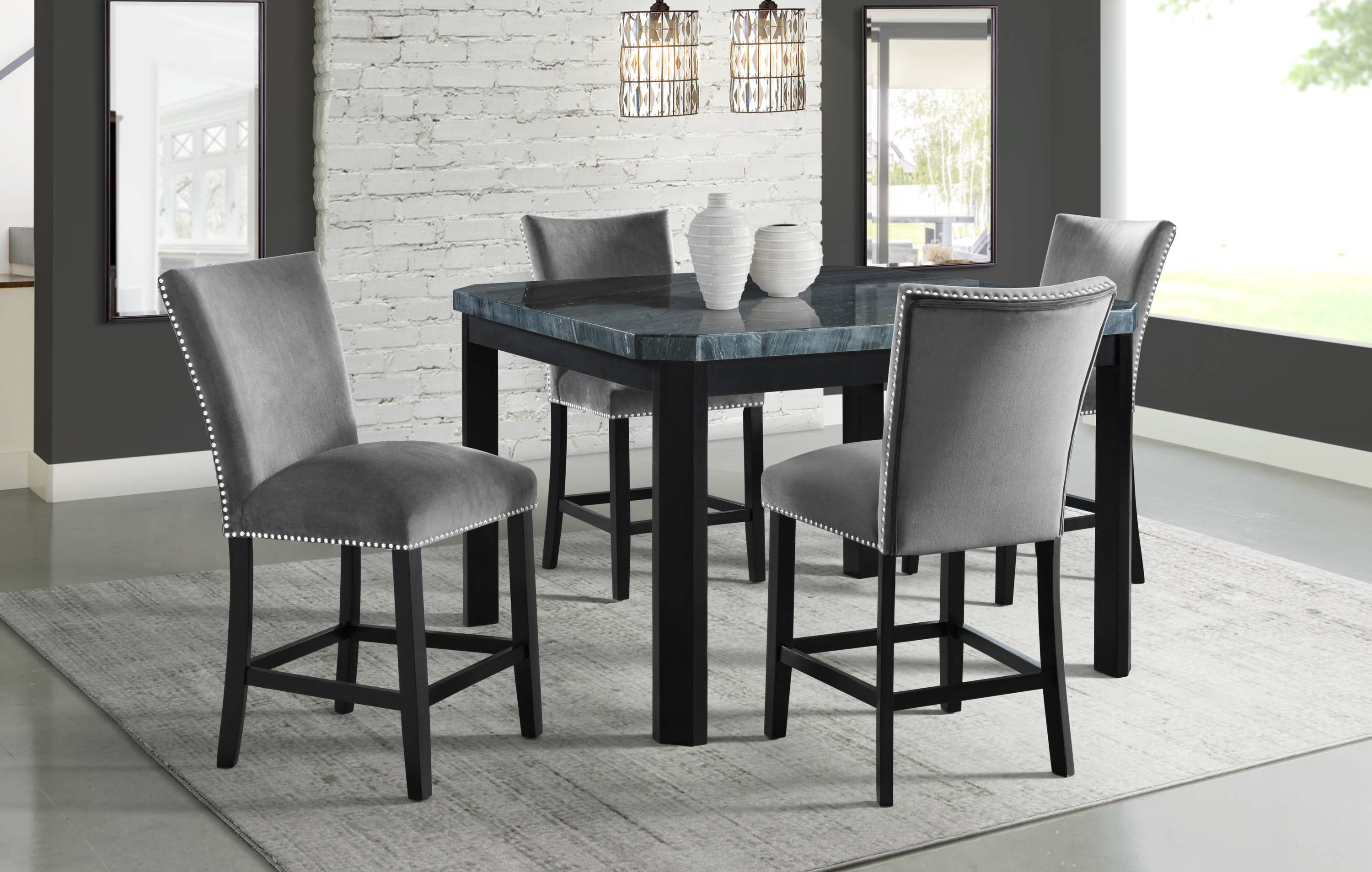 Picket House Furnishings CFC300CGGV5PC Celine Grey/Marble Transitional Dining Room Set with Square Table (Seats 4)
