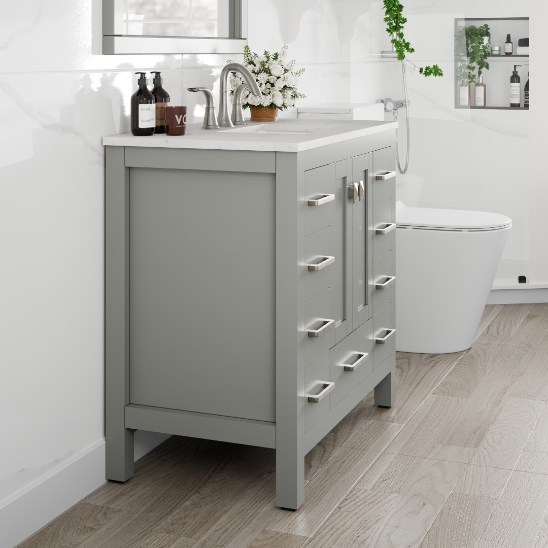 Eviva Hampton 36" Gray Transitional Freestanding Bathroom Vanity with White Carrara Marble Top