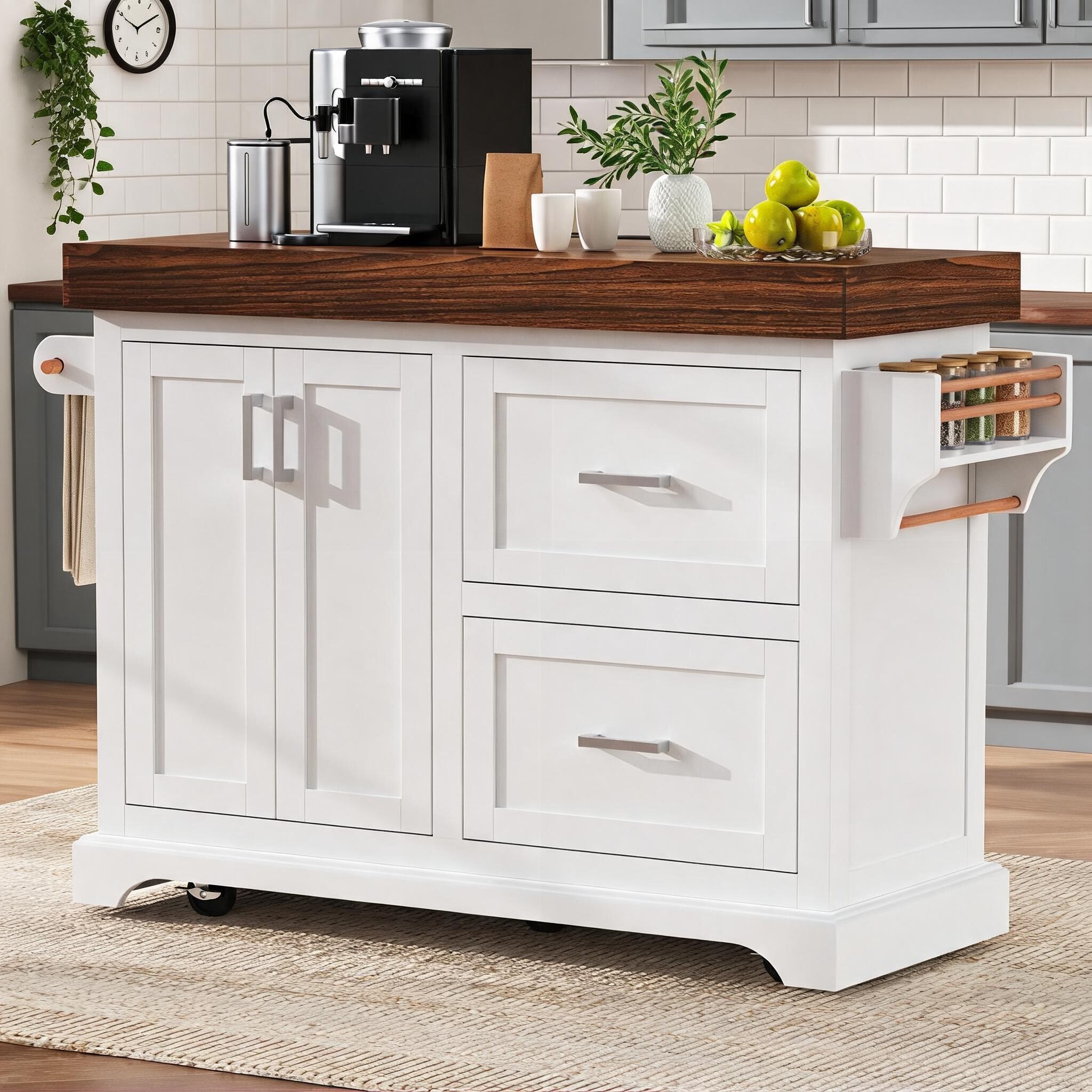 Watnature - 53 Inch Rolling Storage Kitchen Island Contemporary Rectangular White-Toned MDF and R...