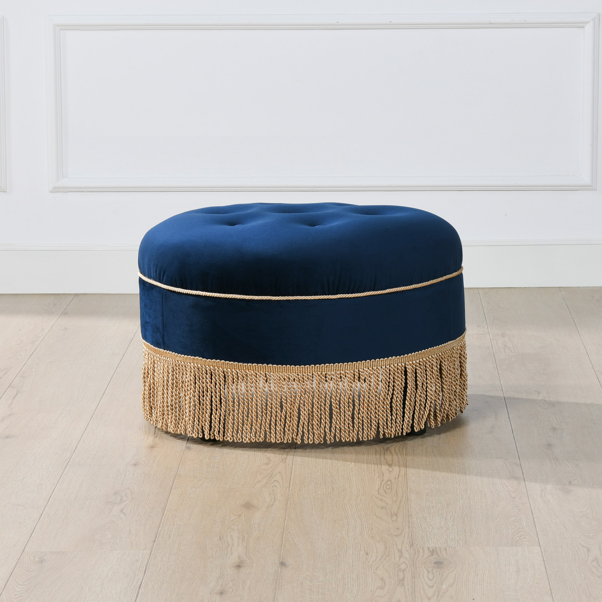 Navy Blue Velvet Tufted Round Ottoman with Fringe