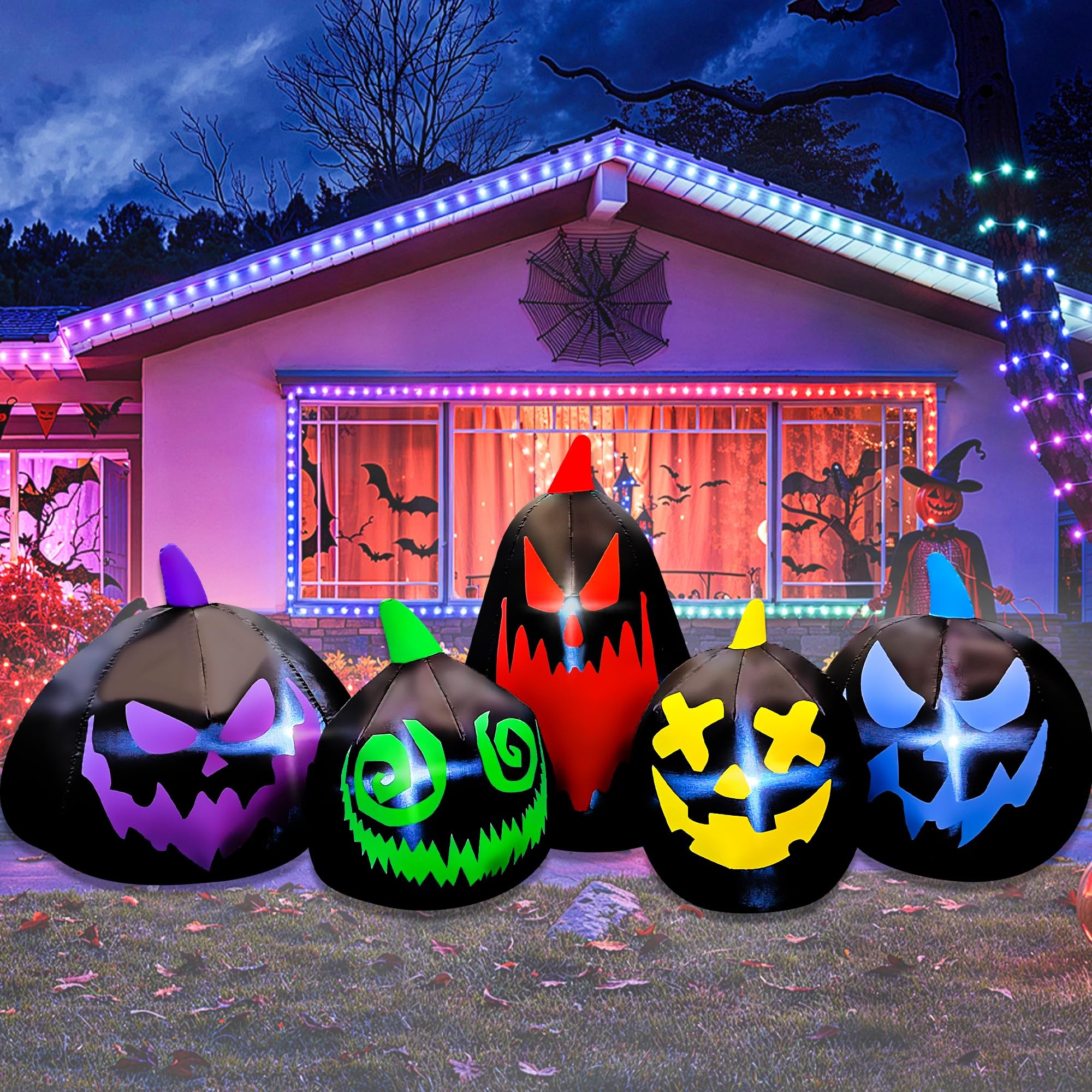 Angel Sar 8 FT Halloween Inflatables Black Pumpkin Family Decoration Outdoor Blow Up with LED Lights for Party Yard Lawn Garden Holiday