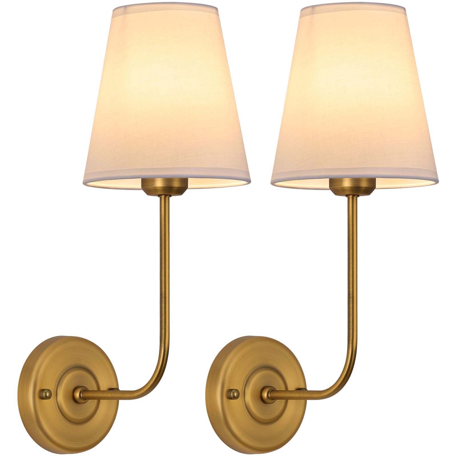 IUEST  Hardwired Wall Sconce Set of 2 with White Textile Shade Curved Arm and Antique Brass Finish Metal Base for Bedroom Living Room Bathroom