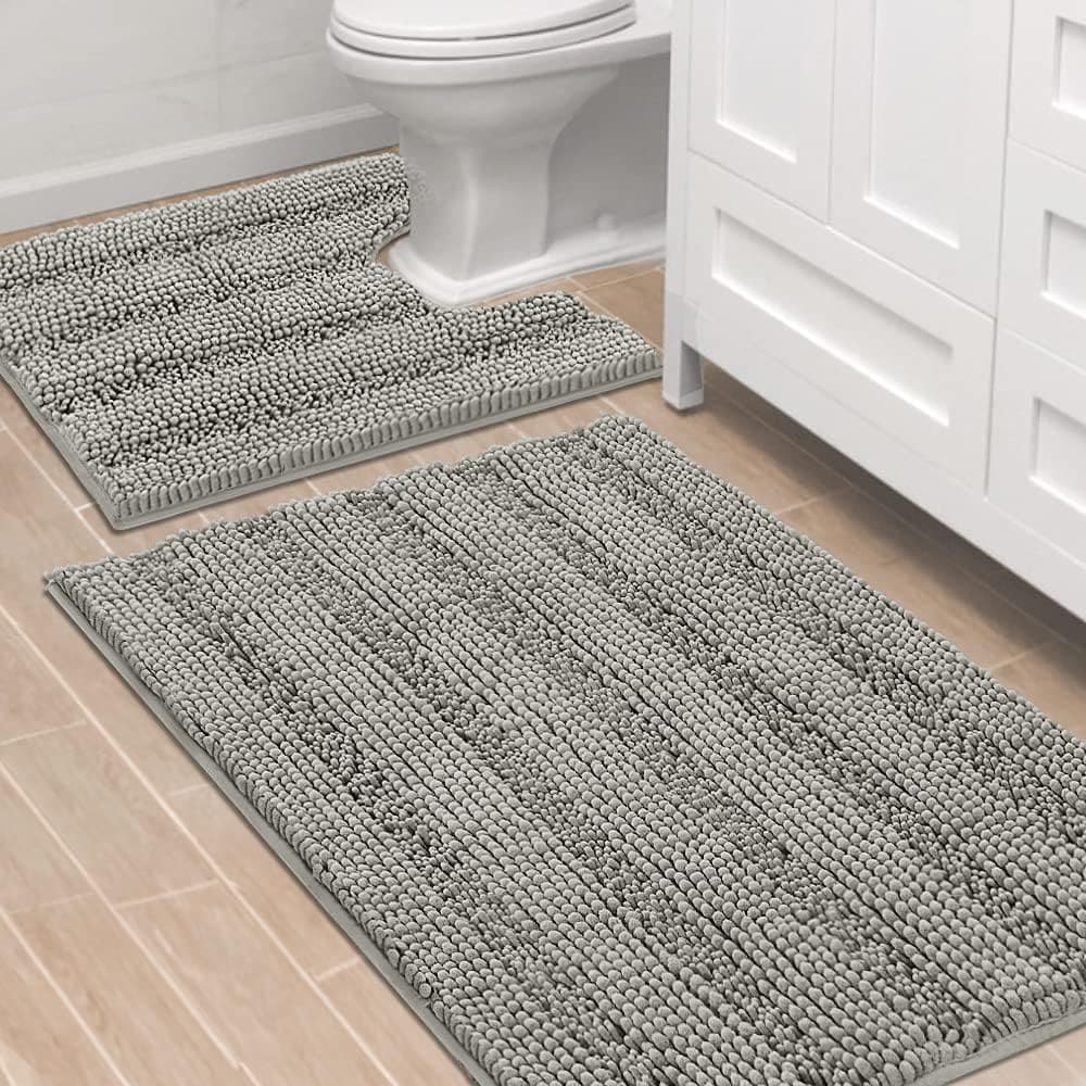 H.Versailtex  2Piece Chenille Bath Rug Set ExtraThick Striped Shaggy Bath Mats 24 x 36 inches Dove
