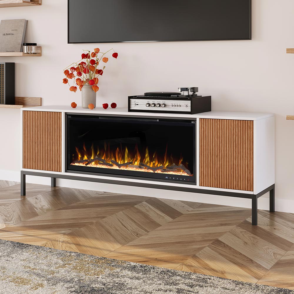 Emory White and Walnut Electric Fireplace TV Stand with 42” Firebox