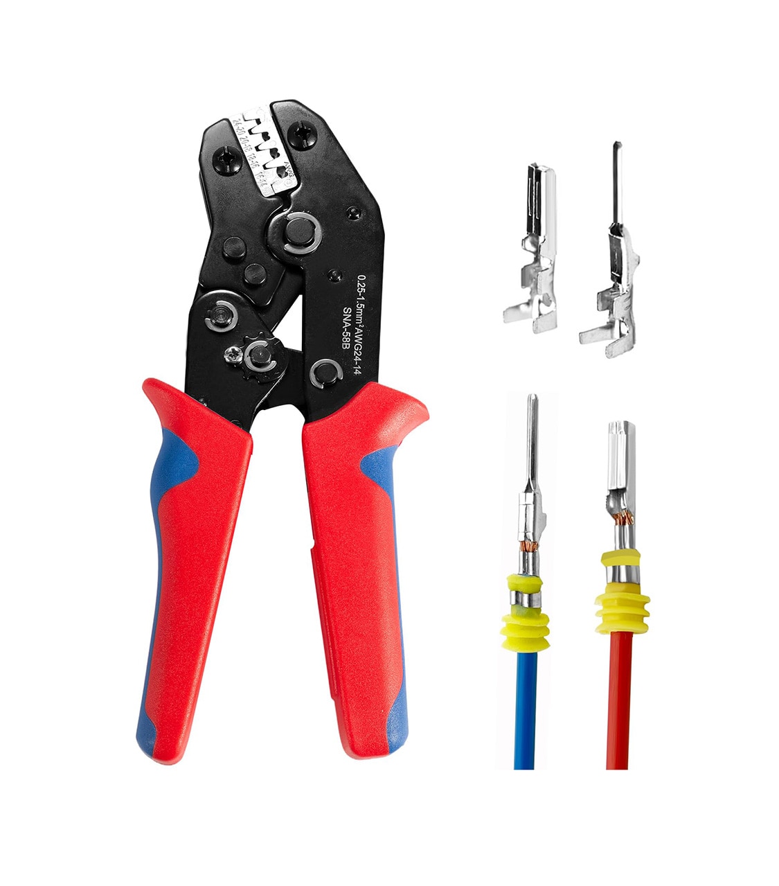Etokfoks ratchet wire crimping tool for open barrel electrical terminal connectors with 24 to 14 AWG crimp range and comfort grip handles #LETWALFLV