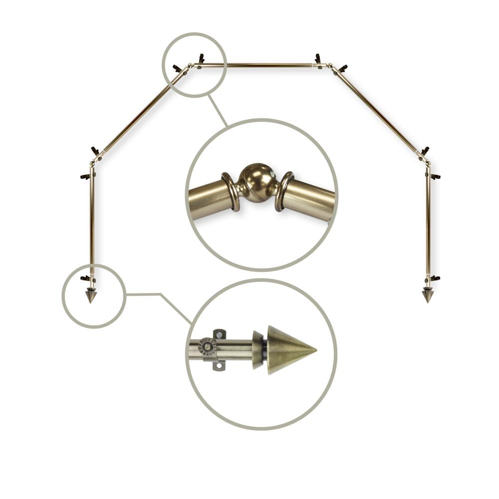 Hart & Harlow L5BAY-65-4 Pyramid 13/16-in 5-sided 28-in to 48-in Antique brass Steel Bay window curtain rod with Finials
