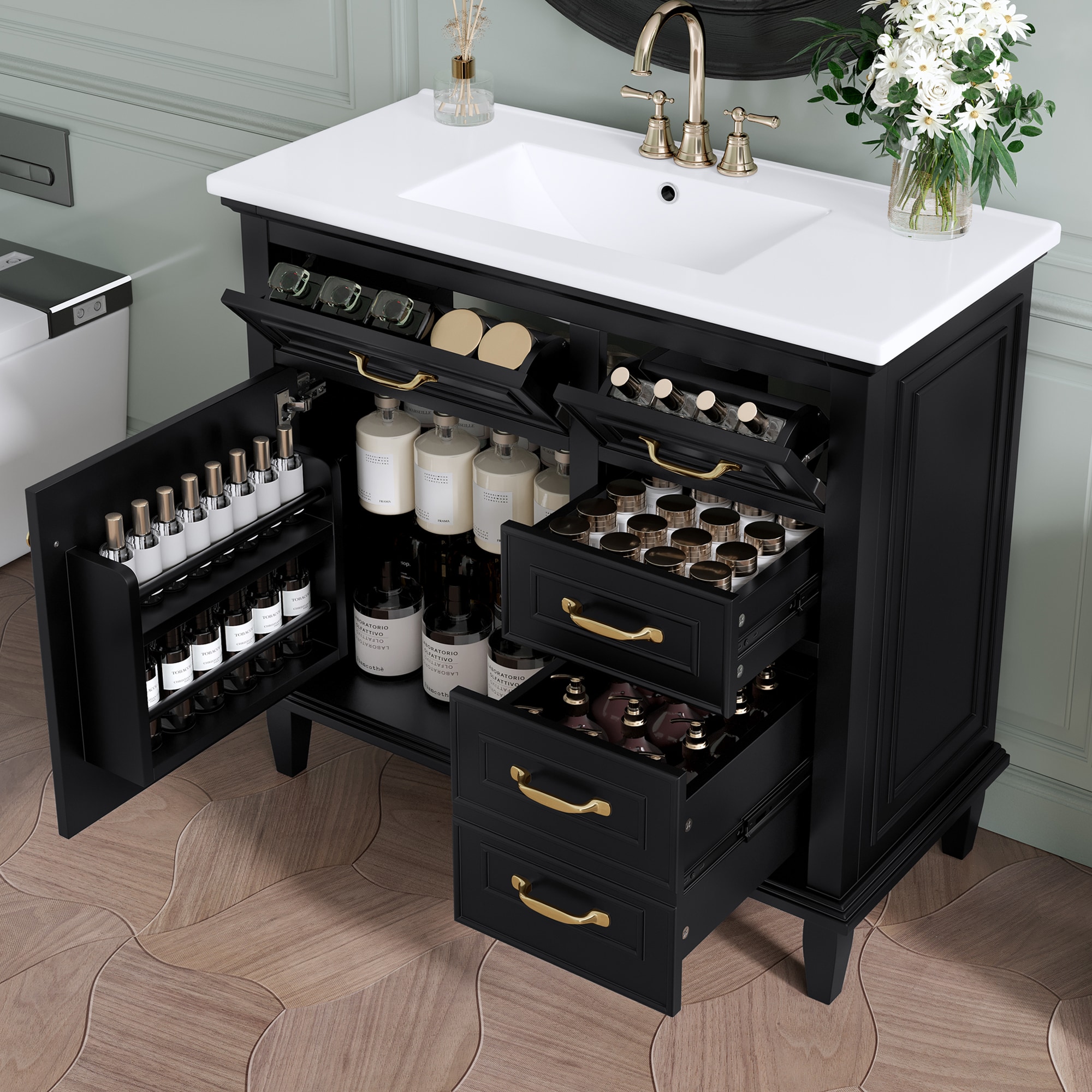 ModernLuxe L3P-N725P336554B 36 Inch Bathroom Vanity with Ceramic Sink Top Solid Wood Frame MDF  Poplar Cabinet Flip Drawers Adjustable Shelf and Zinc Alloy Handles Freestanding Storage Cabinet Faucet Not Included