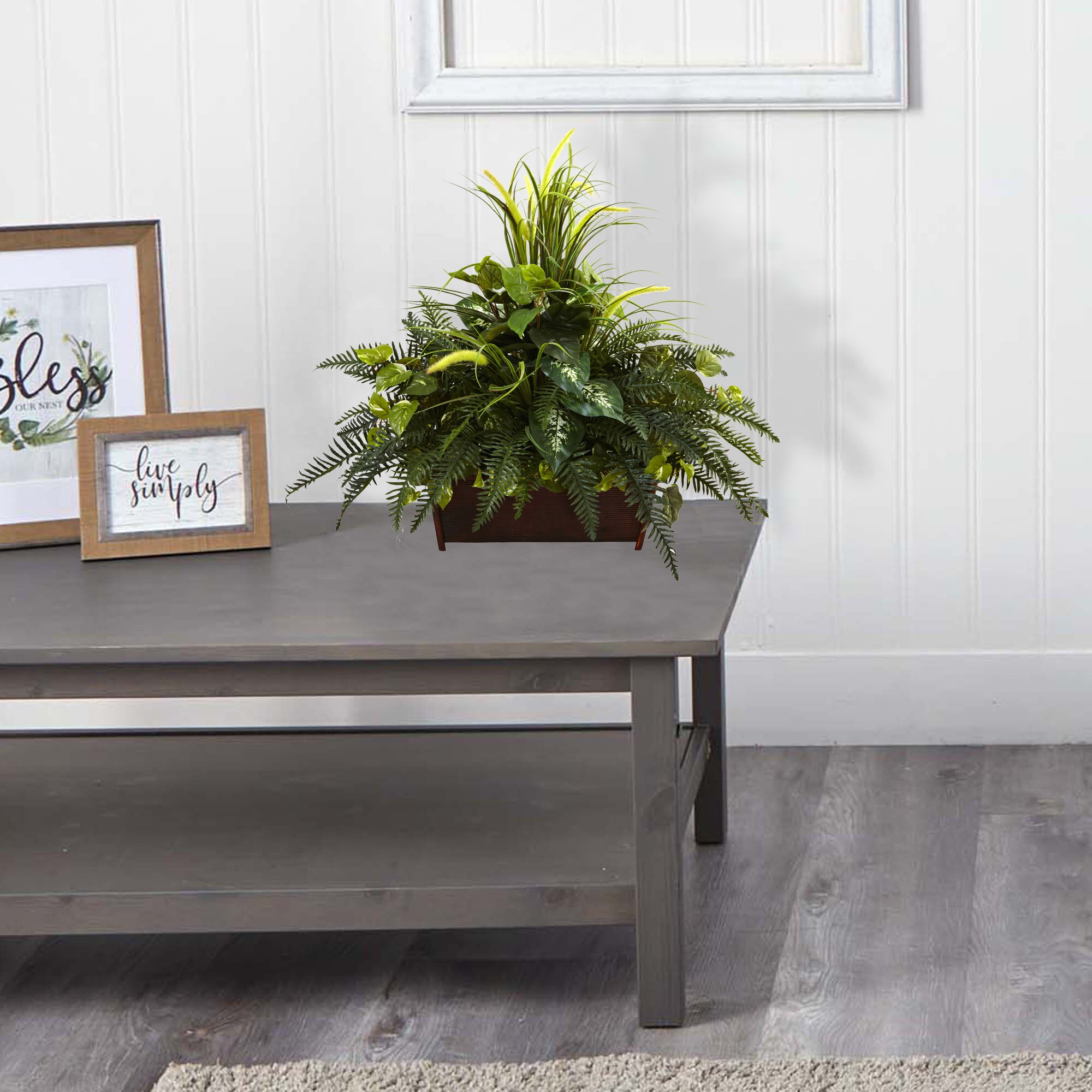 Green Plastic Fern and Grass Arrangement in Iron Planter
