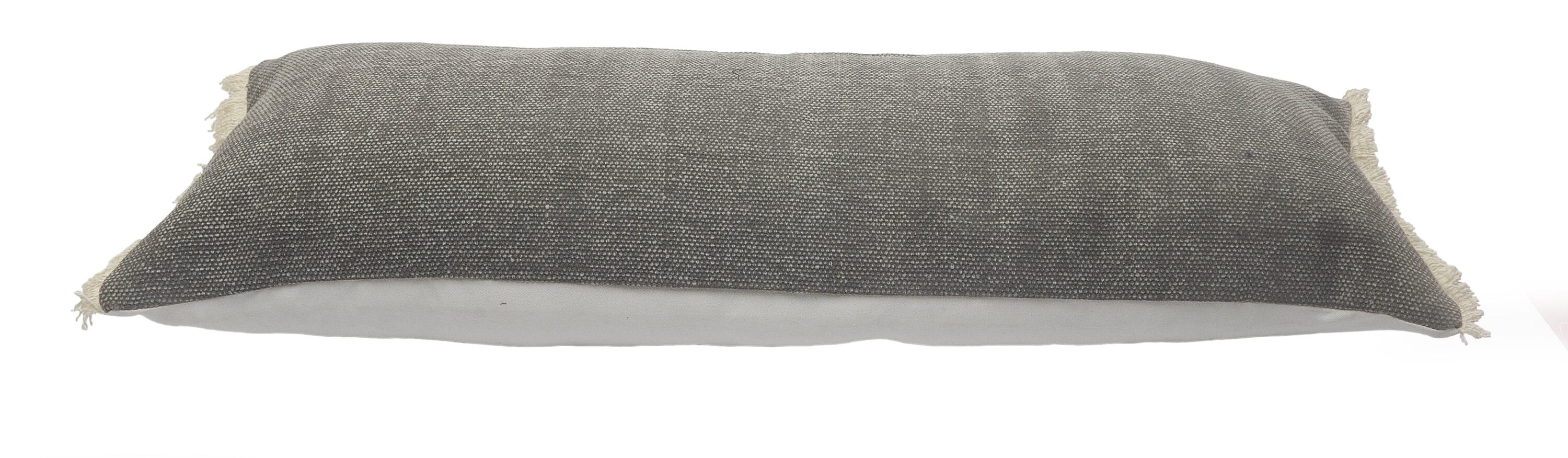 Charcoal Gray Cotton Fringed Rectangular Throw Pillow 14" x 36"