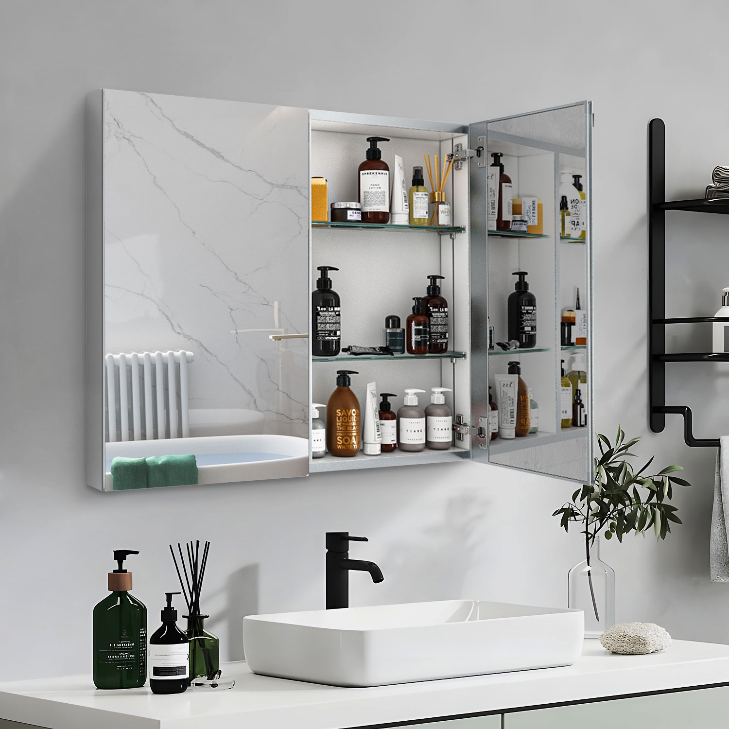 Forclover MA 30-in x 26-in Surface/Recessed Mount Silver Mirrored Soft Close Medicine Cabinet