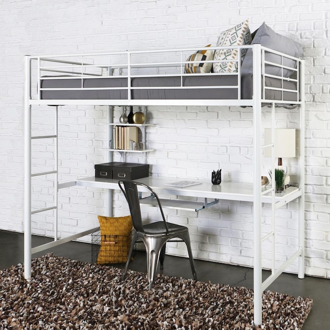 Twin Study Loft Bunk Bed At, Walker Edison Twin Metal Loft Bed With Desk And Shelving White