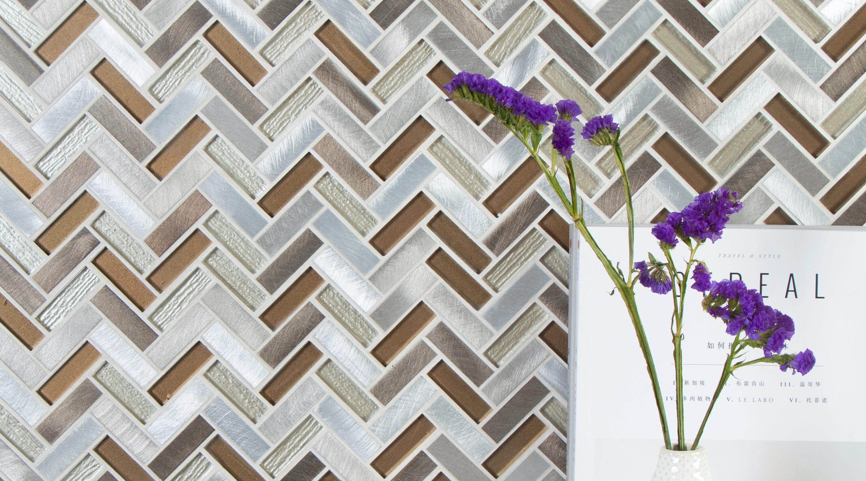 Twilight Series Multicolor Chevron Glass and Metal Mosaic Tile