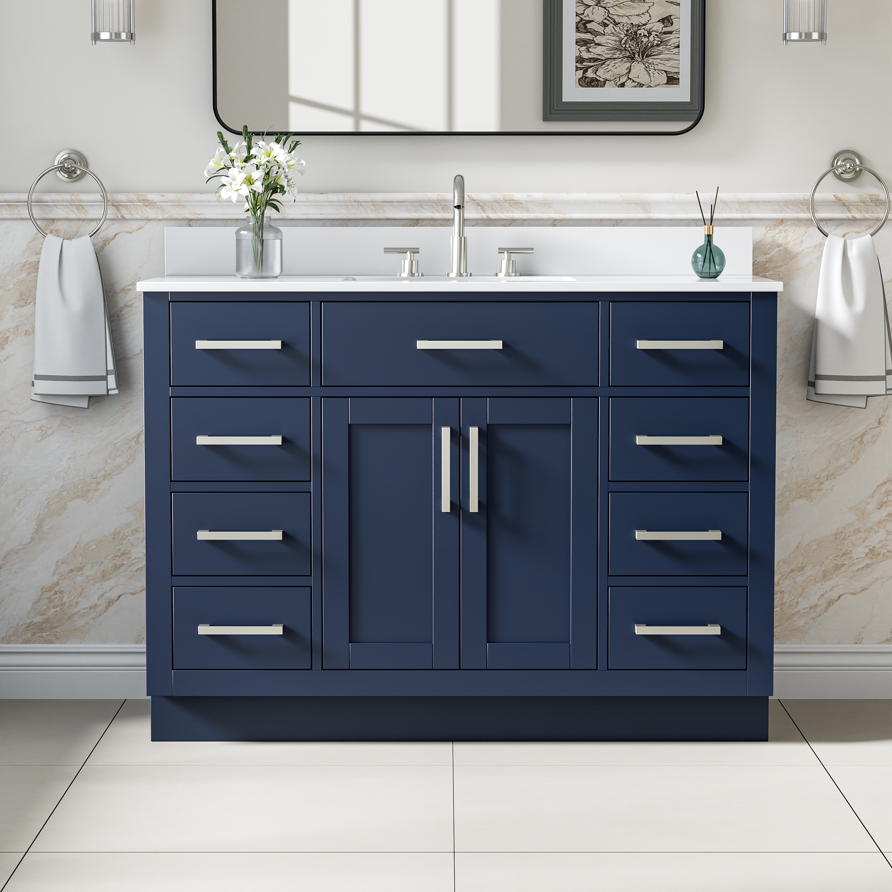 ANGELES HOME  Solid Wood 48-in Navy Blue Undermount Single Sink Bathroom Vanity With White Cultured Marble Top And Brushed Nickel Handles(Fully Assembled)