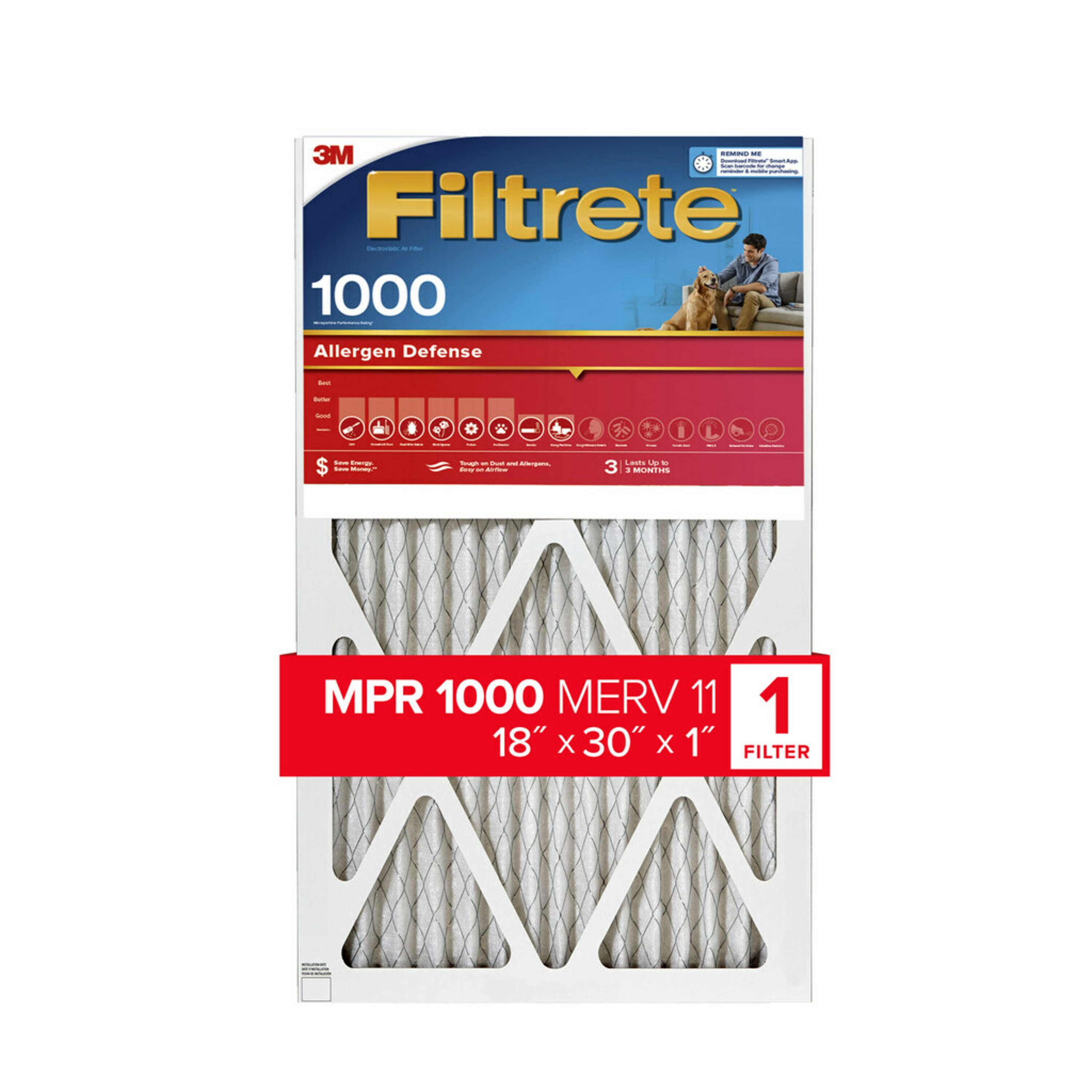 Filtrete 9828DC-6 18-in W x 30-in L x 1-in MERV 11 1000 MPR Allergen Defense Electrostatic Pleated Air Filter