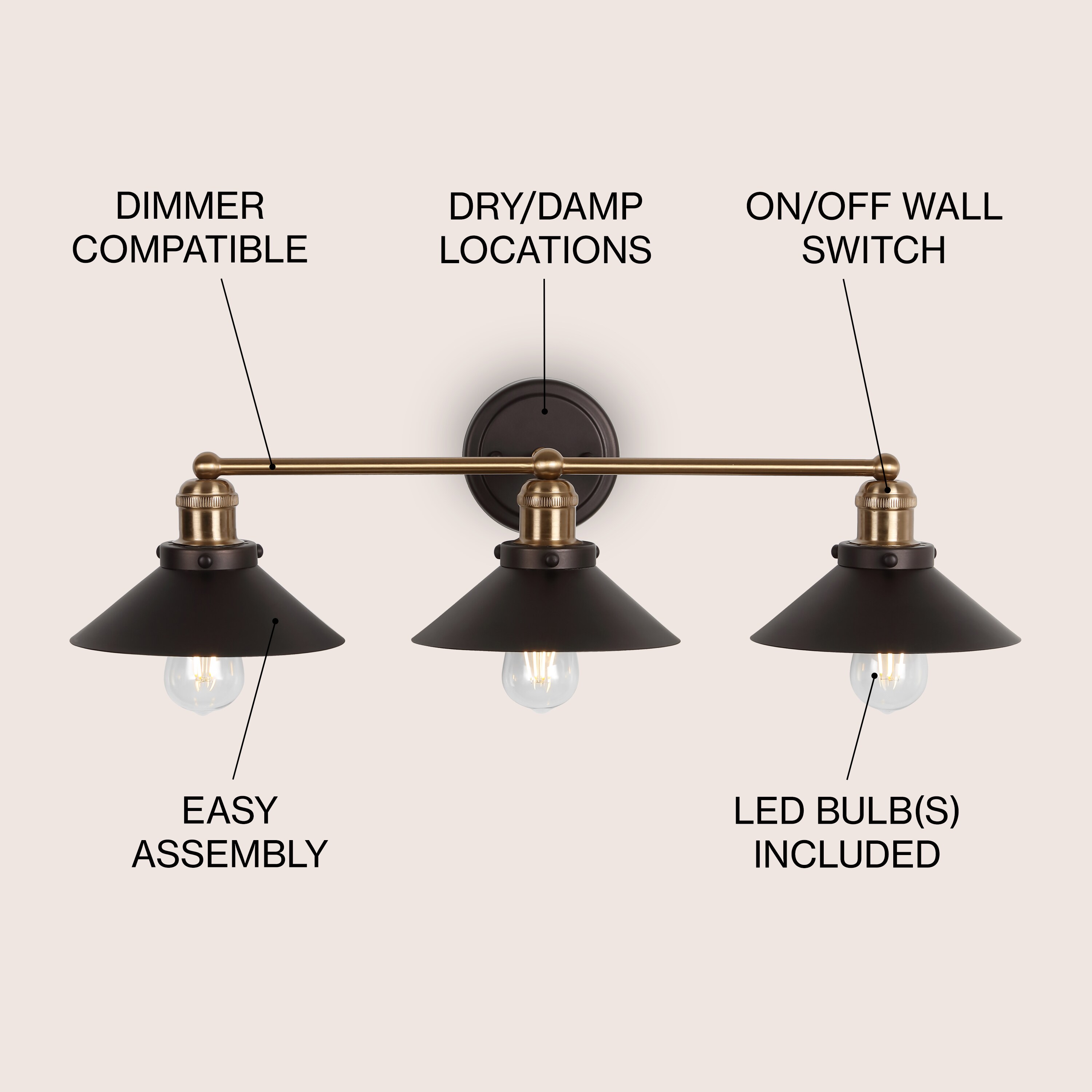 Elegant Oil Rubbed Bronze & Brass 3-Light Vanity Wall Fixture