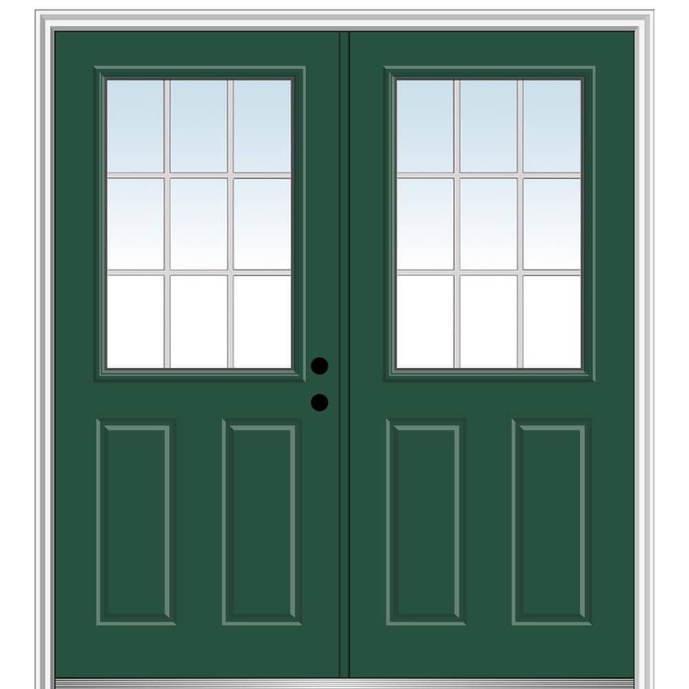 MMI DOOR ZZ05078L 60-in x 80-in x 4-9/16-in Fiberglass Half lite Left-hand inswing Hunter Green Painted Prehung Double Front Door with Brickmould Insulating core with Grilles