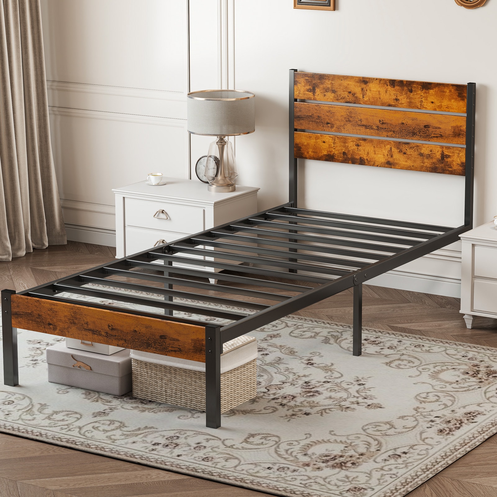 Tatayosi DJ-270197 Twin Size Metal Platform Bed Frame-Mattress Foundation with Headboard and and Footboard Noise Free Easy Assembly