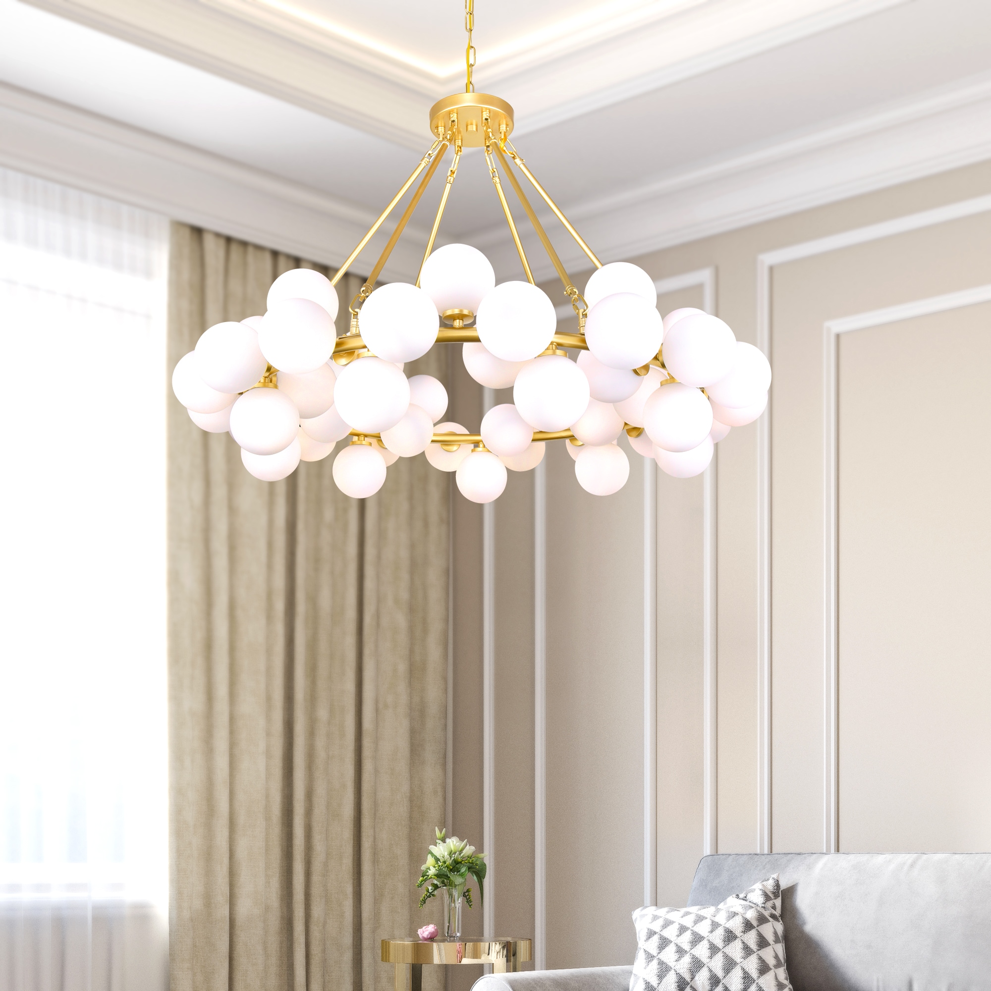 Arya Satin Gold Oversized Crystal Chandelier with Frosted Glass Spheres