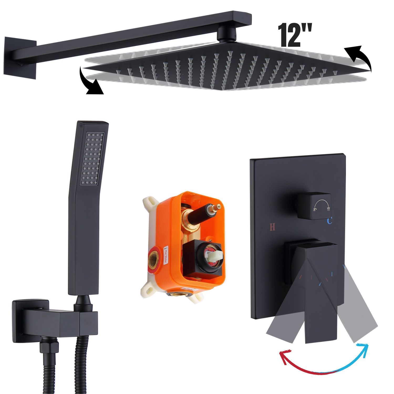 waterpar WPLO-SH13 Black 12-Inches Dual Head Built-In Shower Faucet System with ( Ceramic Disc Valve Included )