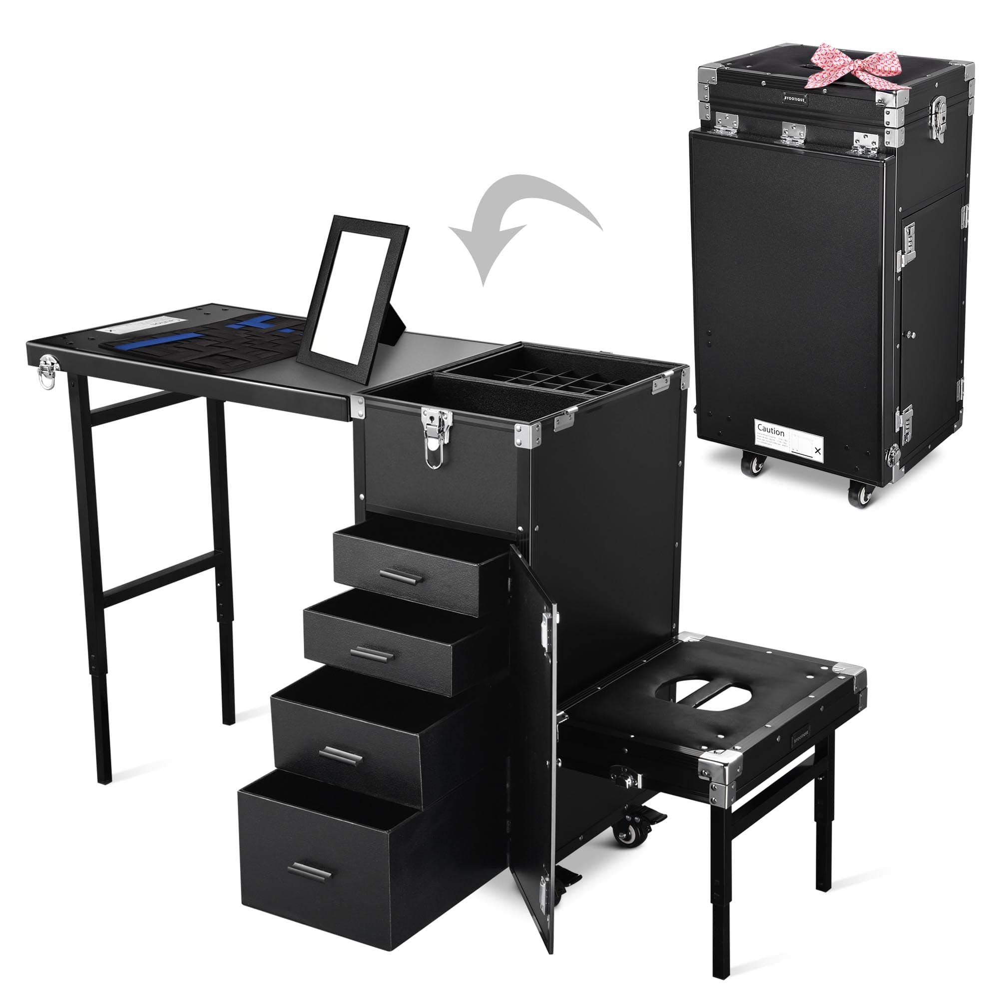 Yescom 12MKC027-MJTHF-06-LO Byootique Rolling Makeup Train Case Patented Design Pedicure Nail Salon Nail Foldable Trolley Cosmetic Organizer Black with Stool