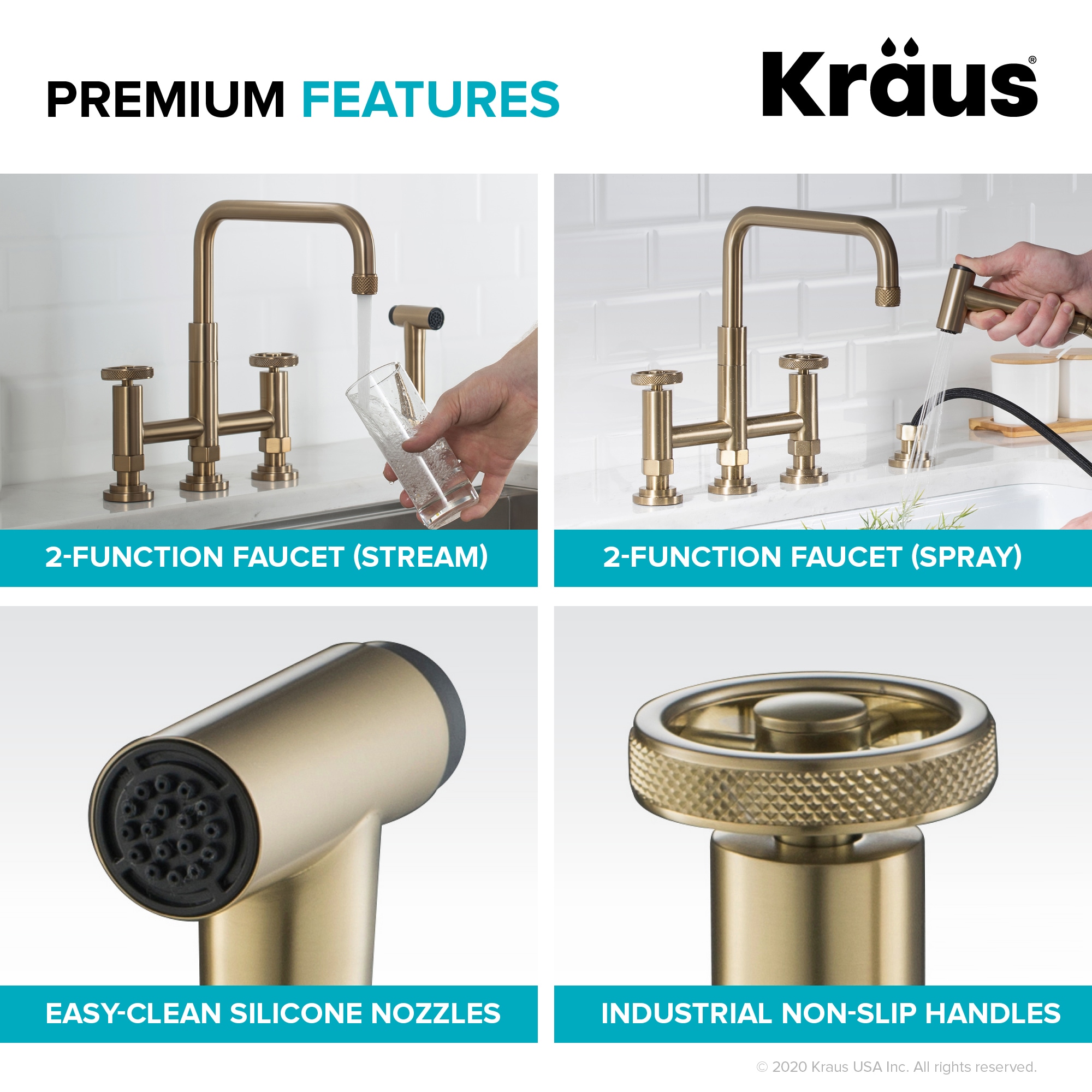 Urbix Brushed Gold Stainless Steel Bridge Faucet with Side Sprayer