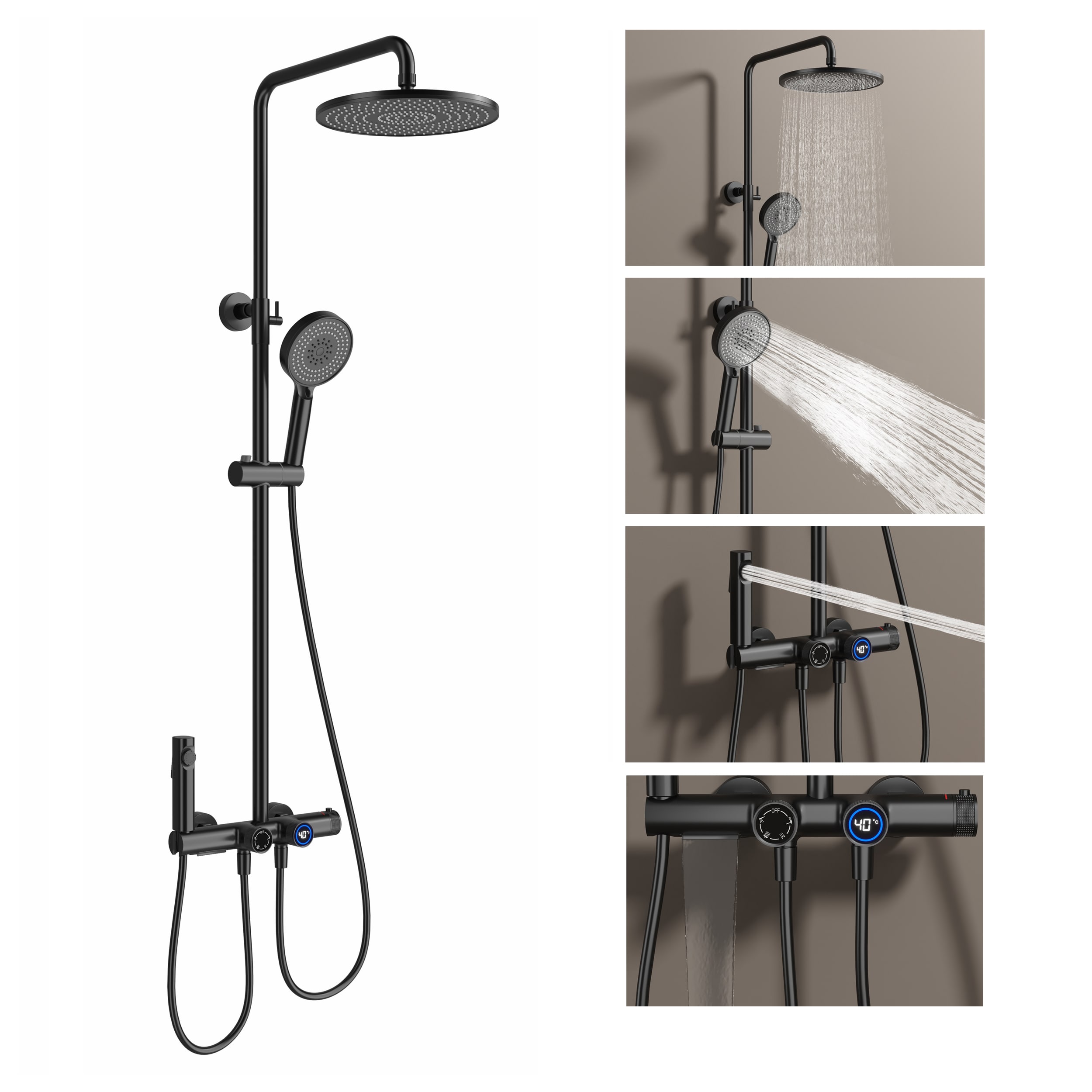WELLFOR WB-0947 Matte Black Dual Head Shower Faucet Bar System with 3-way Diverter Thermostatic Valve Included