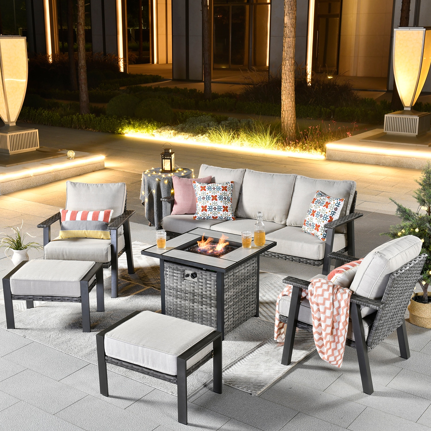 Pouuin SFPHW60TC05 6 -Piece Rattan Patio Sofa Conversation Set with Off-white Olefin Cushions