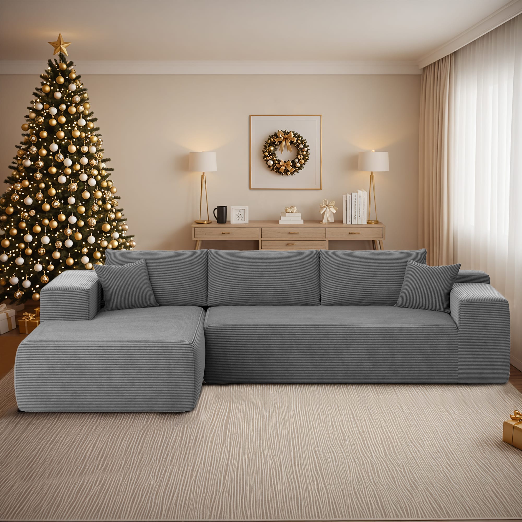Pouuin SVIVI-900L 106.2-Inches Casual Gray Corduroy 3 -seater Sectional