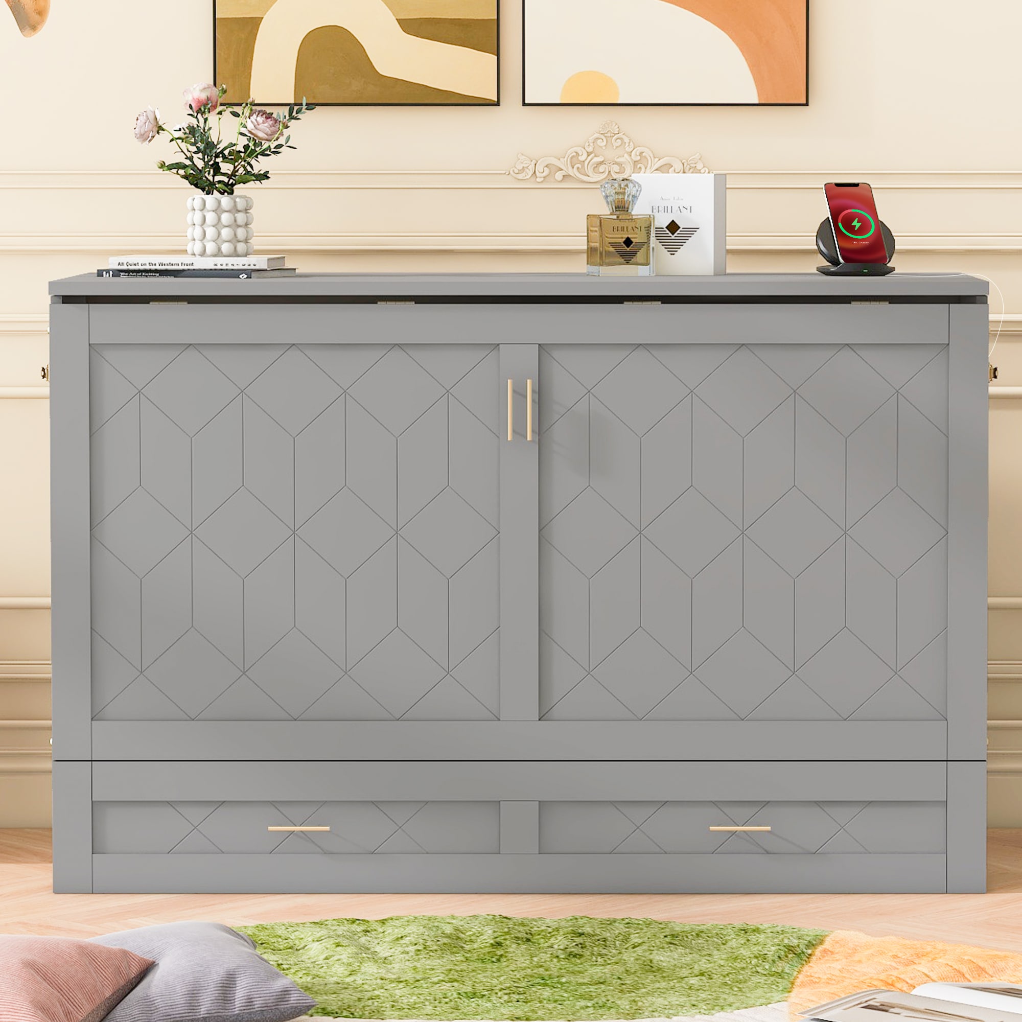 ModernLuxe LP000399AAE Full Size Murphy Bed Wall Bed with drawer and a set of Sockets  USB Ports Pulley Structure Design Gray