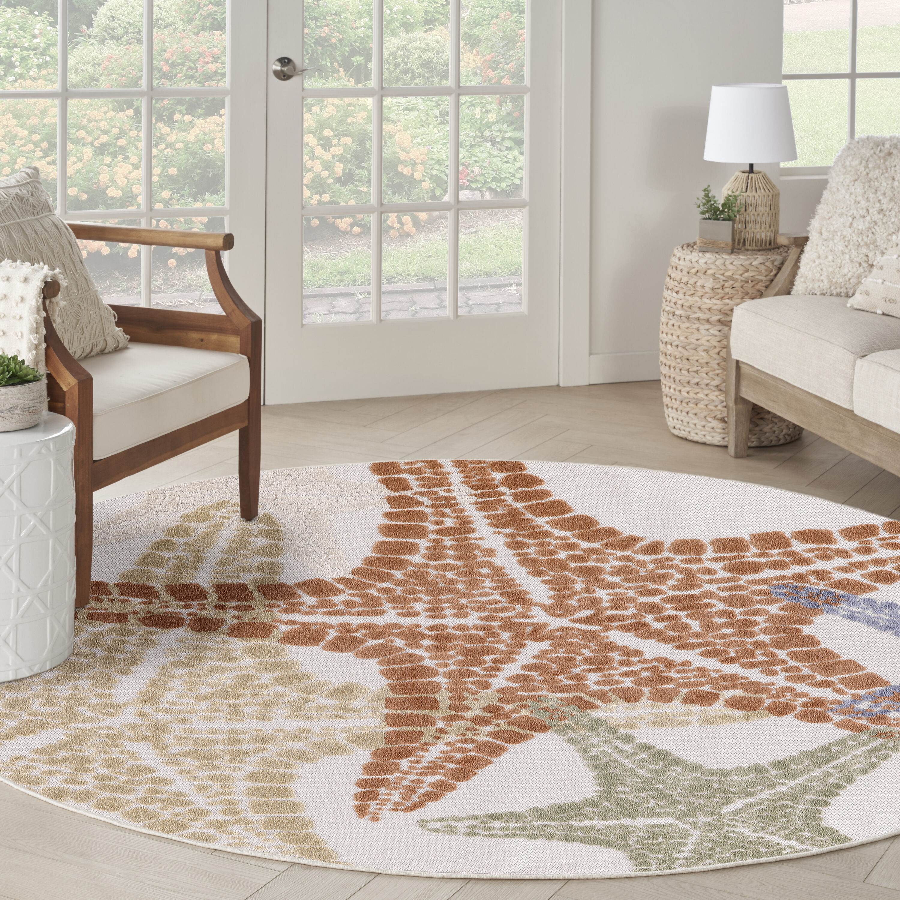 Nourison Home 099446921819 Aloha 5 x 5 (ft) Loomed Polypropylene Ivory Multicolor Round Indoor/Outdoor Animal print Tropical Area rug