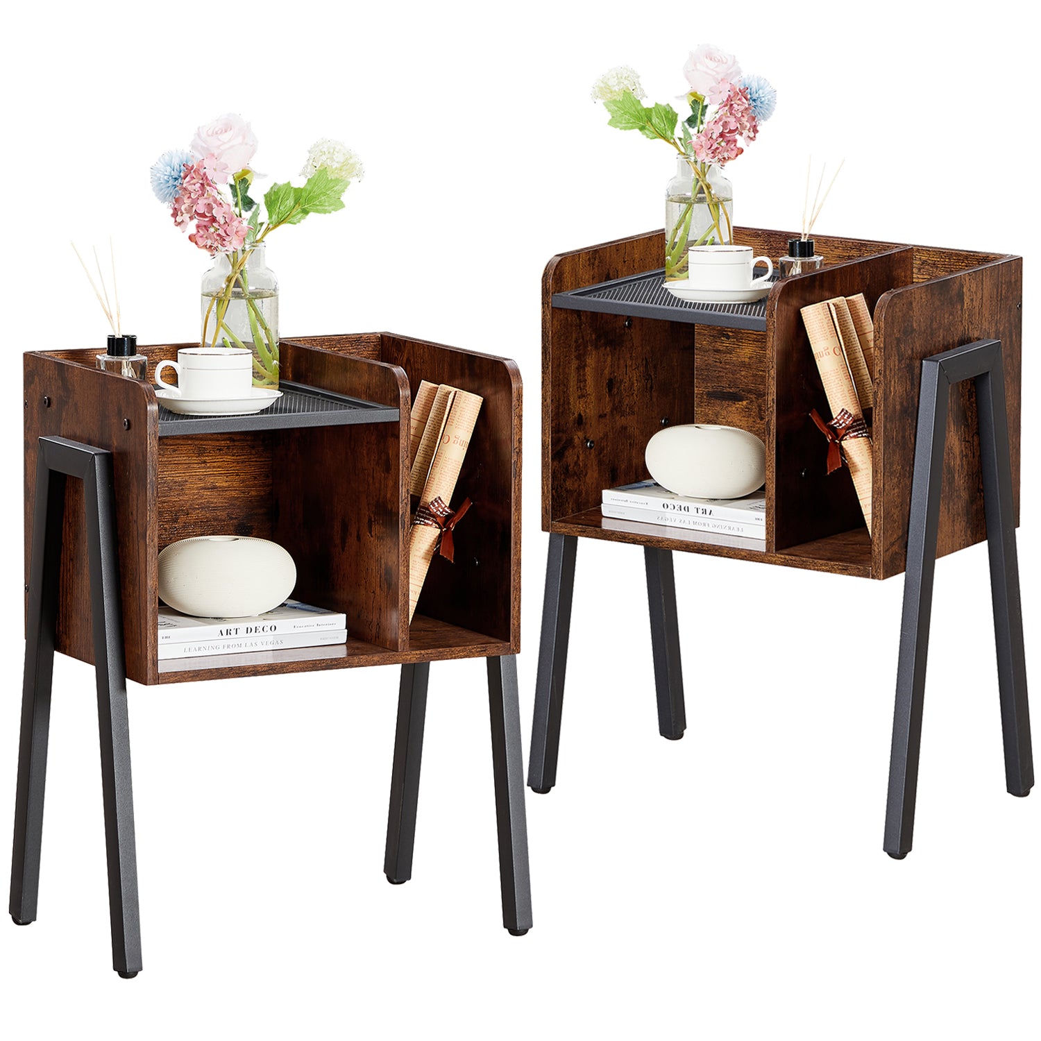 Vecelo LOE-XF-ST12-A2 Set of 2 Metal Frame Nightstand End Table Bedside Table with 2 Tier Open Storage Compartments for Bedroom Living Room and Small Spaces