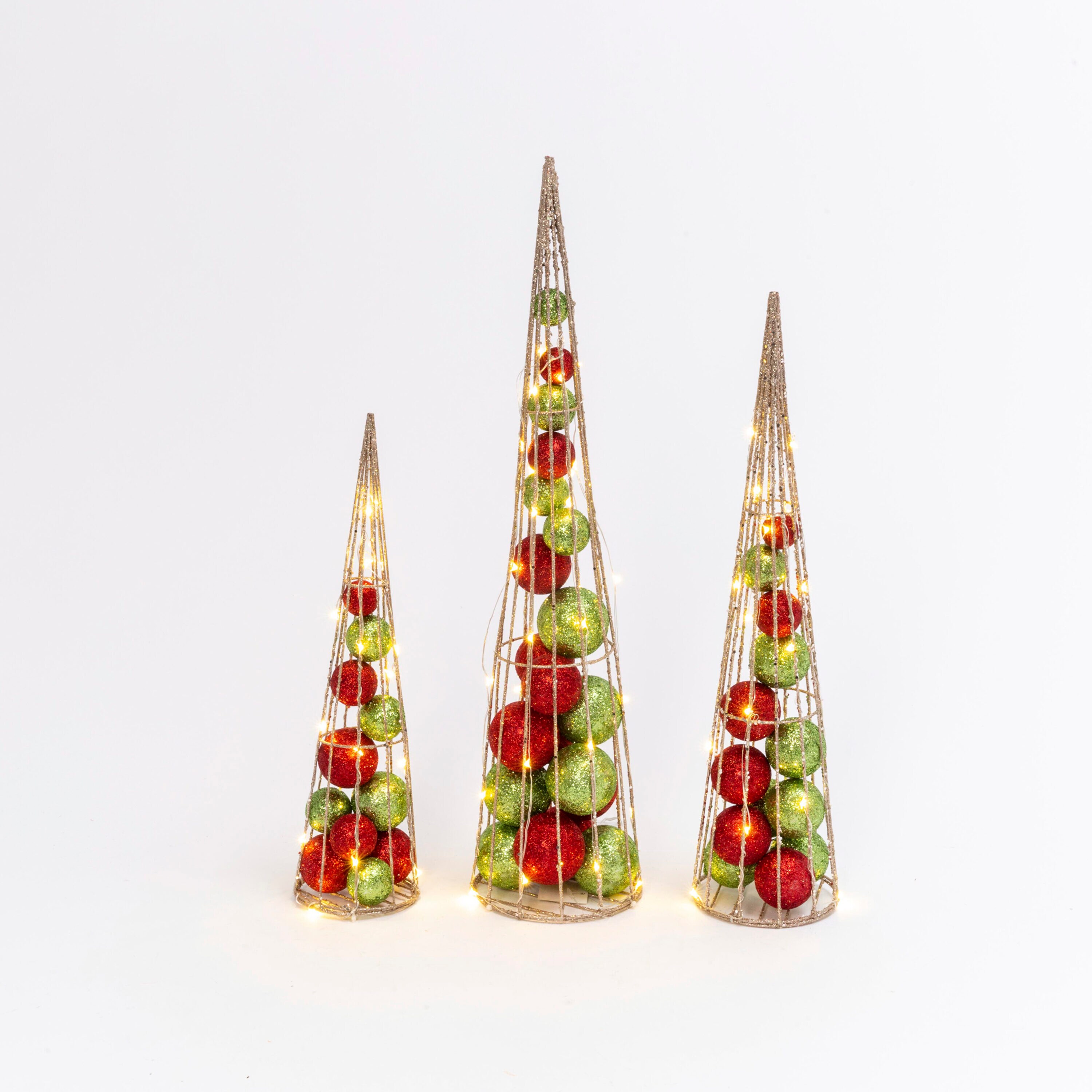 Set of 3 Lighted Red and Green Ornament Cone Trees
