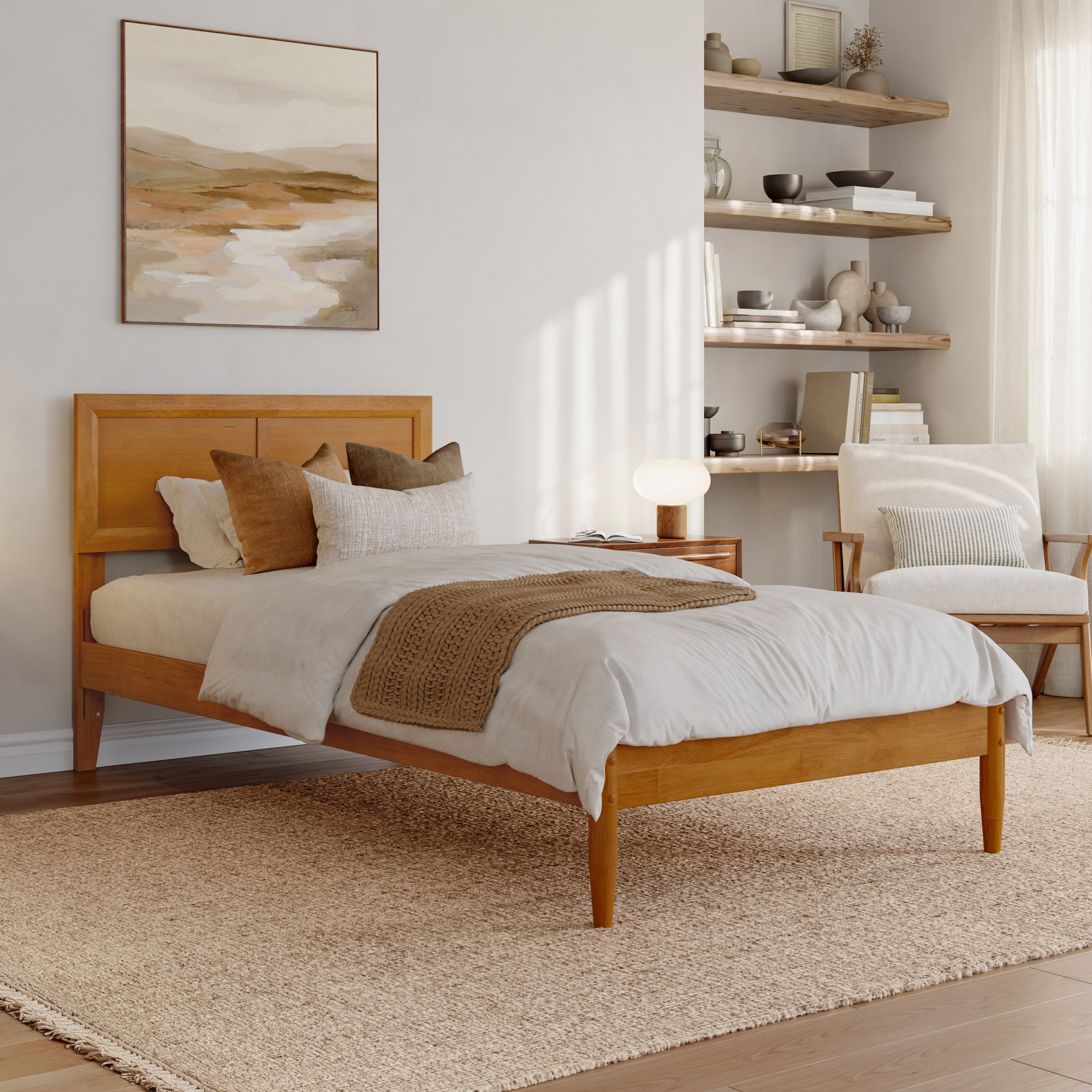AFI - Twin extra long Light Toffee Wood Platform Bed with Headboard