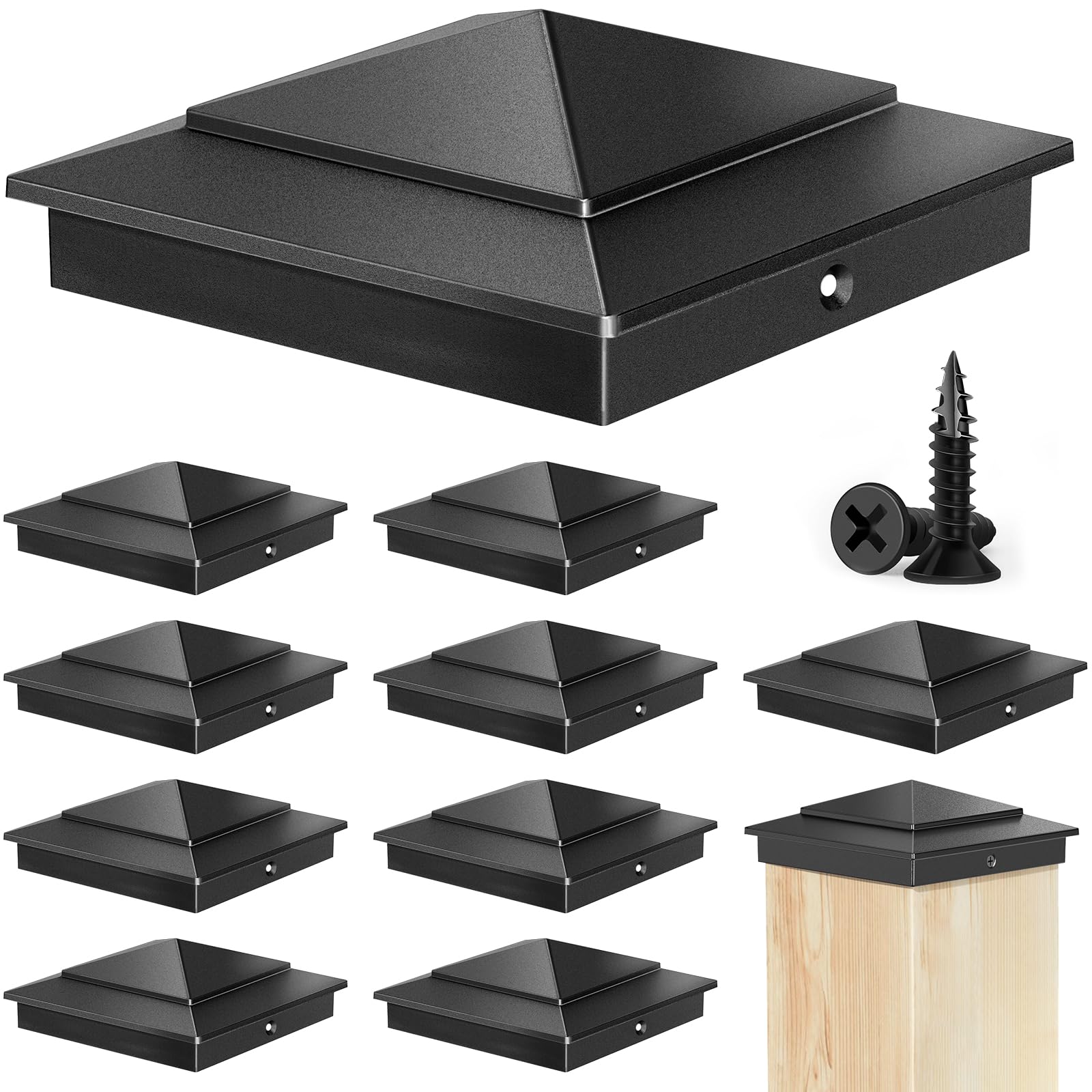 Phewnyzo  10-Pack Aluminum Pyramid Cap for 4 x 4 (Actual 3.5 x 3.5 Inch) Wood Post Black Powder Coated Fence Deck Mailbox End Cover