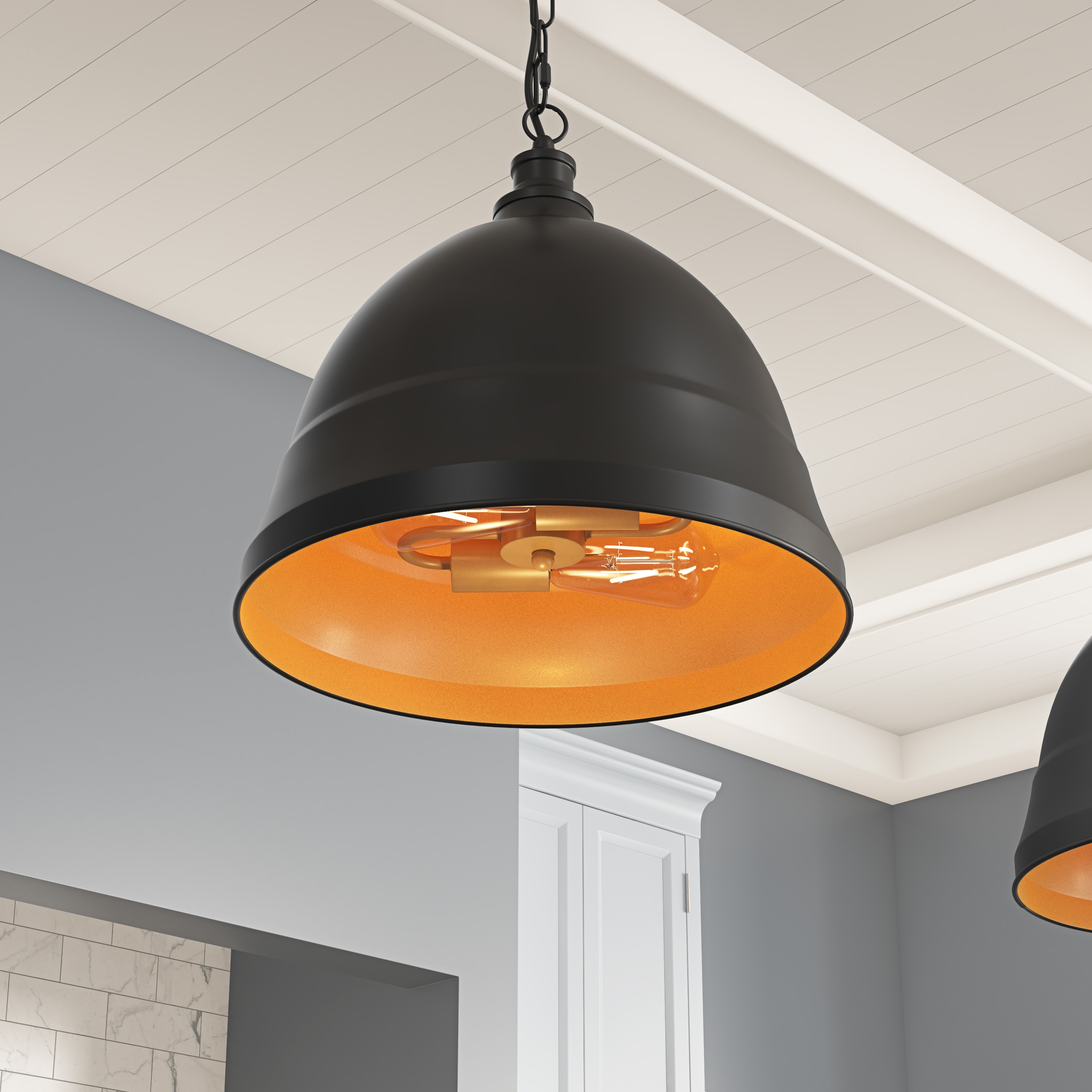 Aiwen 2 -Light Black Industrial Metal Dome Medium Hanging Pendant Light