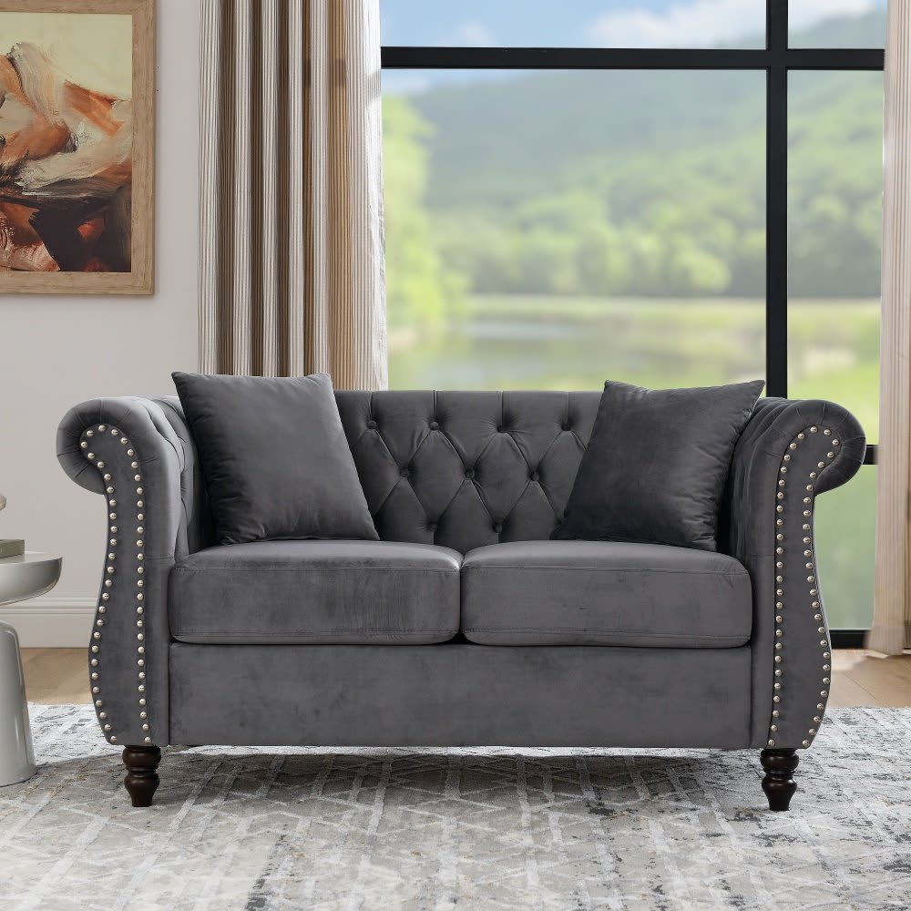Coolbibila - 59-in Chesterfield Gray Velvet 2-Seater Loveseat Sofa with Tufted Back and Nailheads...