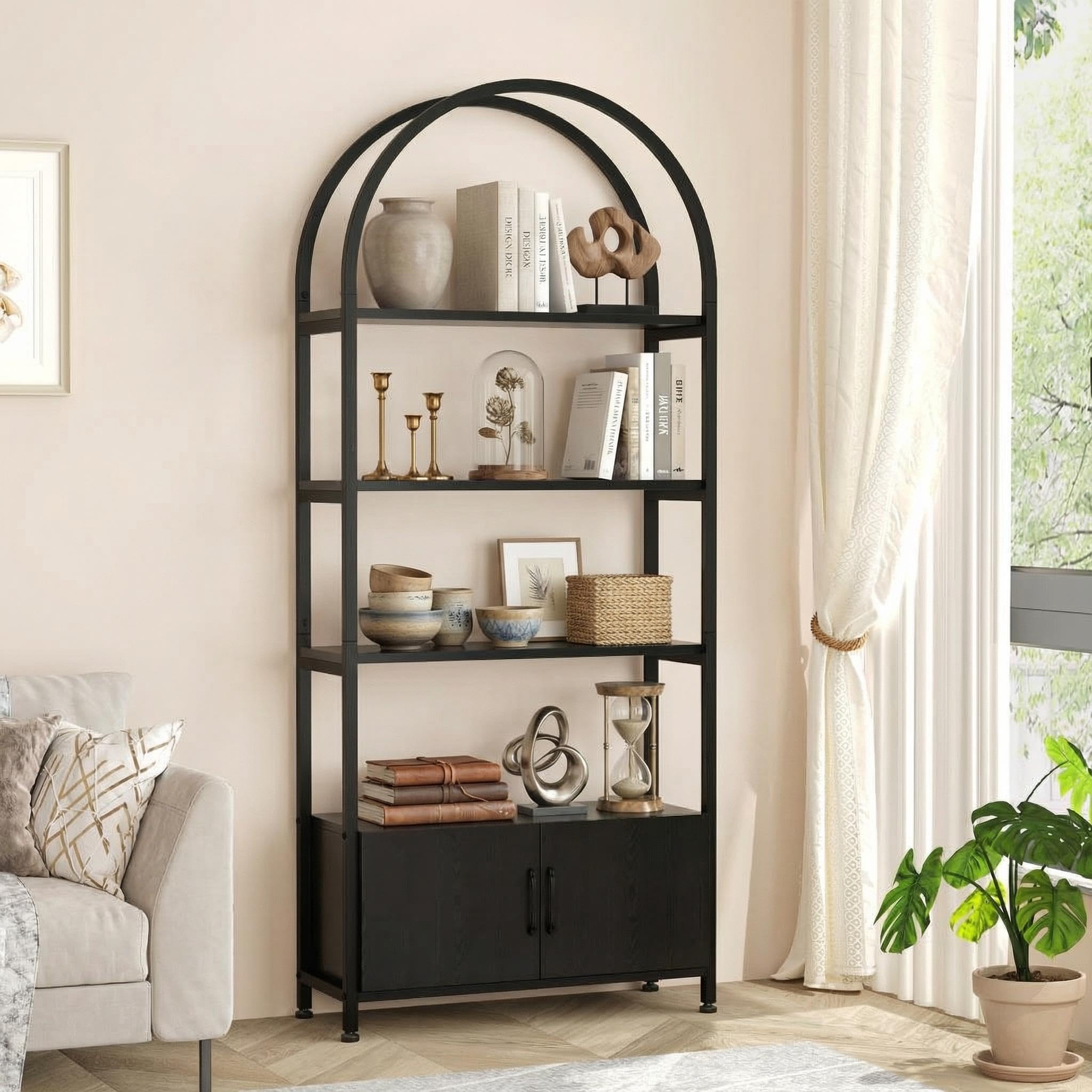 GarveeLife - Bookshelf Tall Bookcase with Cabinet Wood and Metal Bookshelves Floorstanding Storag...