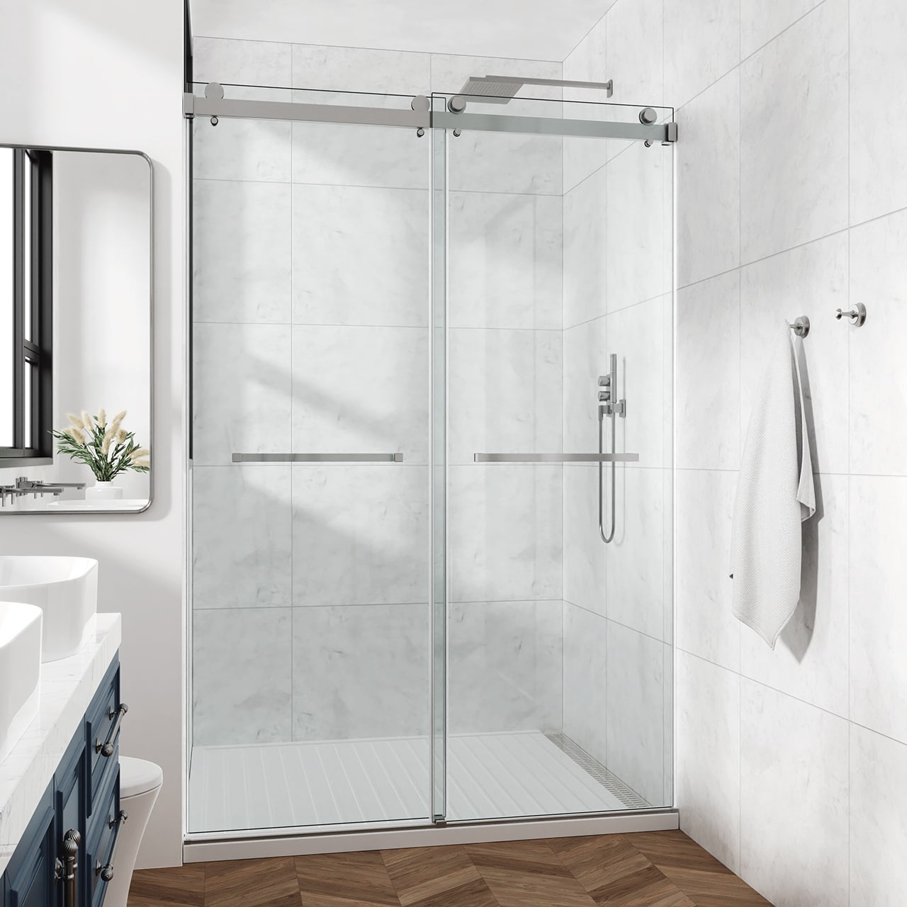 Rainlex 72-76in W x 79in H Frameless Double Sliding Shower Door with 3/8in Tempered Glass and Brushed Nickel Stainless Steel Frame