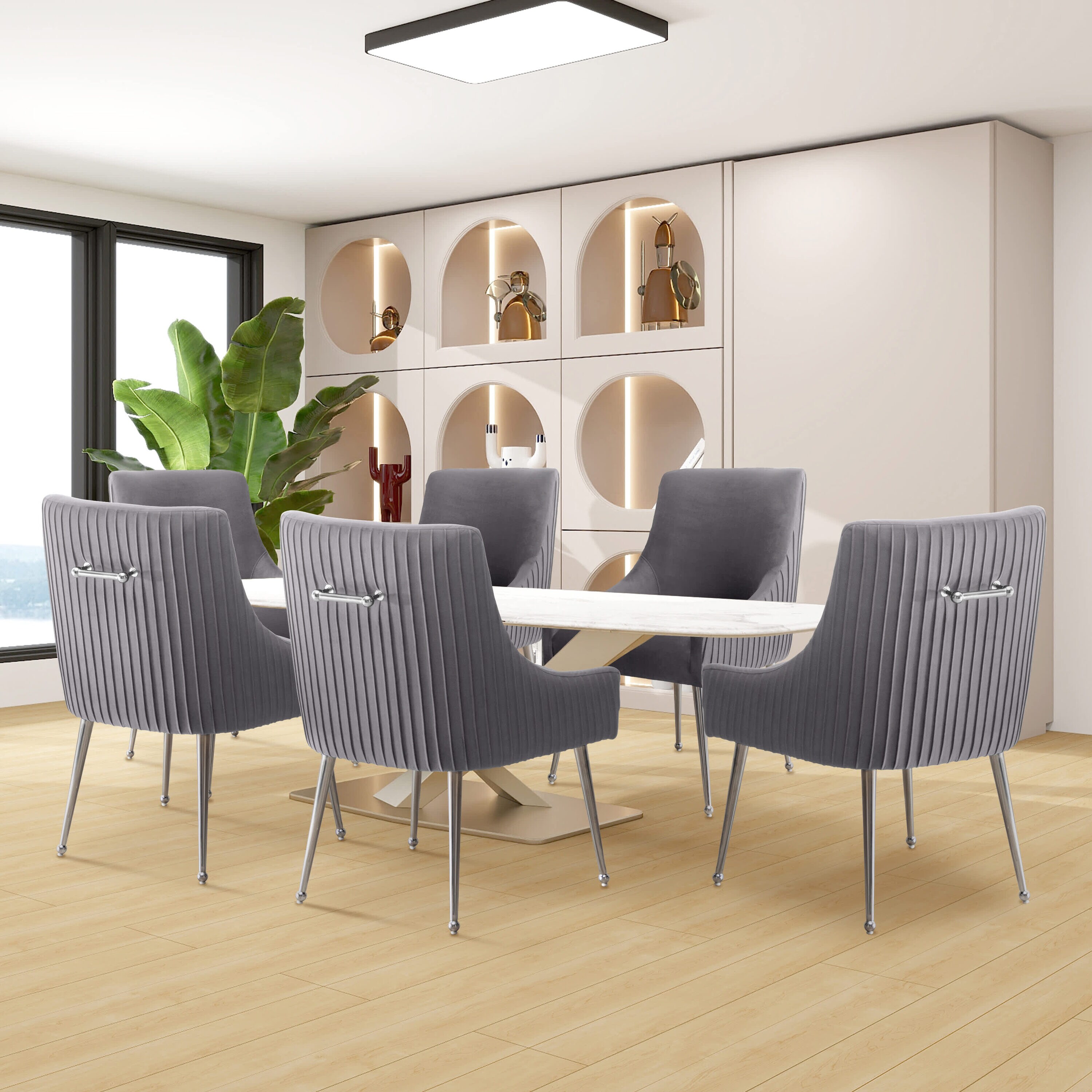 SEYNAR XY442-GREY-S6 Modern Velvet Pleated Finish Back Dining Chair Set of 6 with Rear Handle