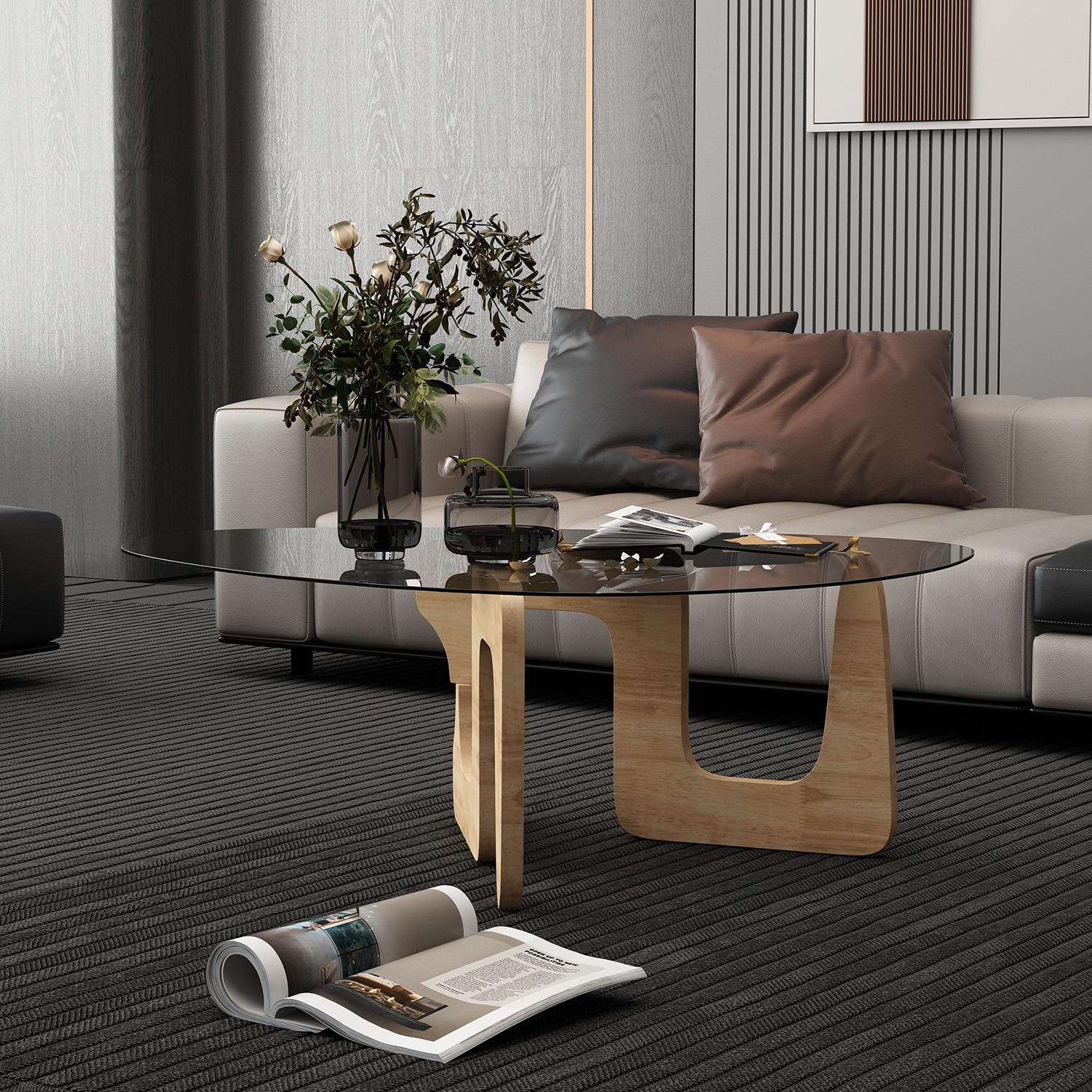 FUFU&GAGA KF210320-01 Coffee Table Glass Rubberwood Glass Modern Coffee Table