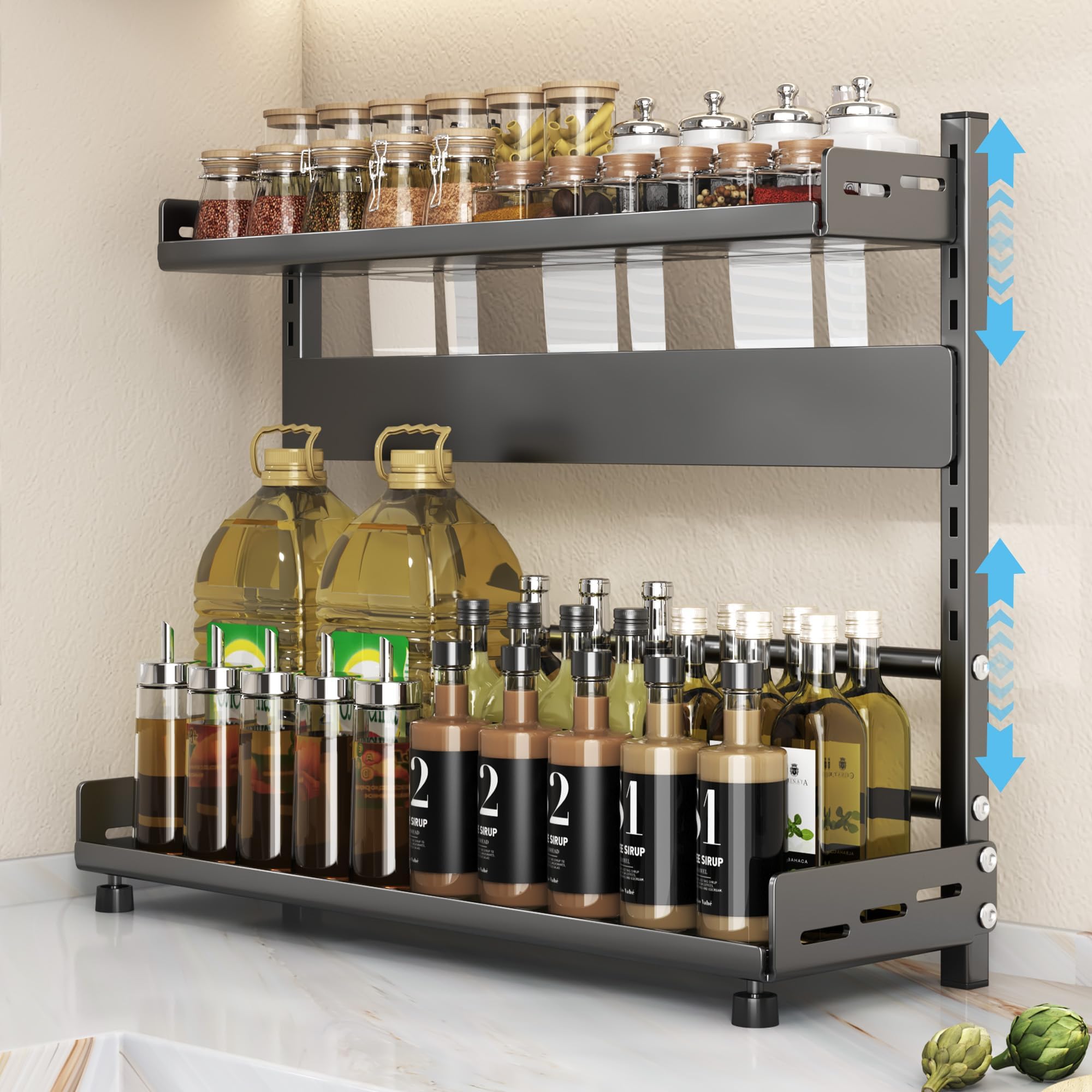 LILILIAN FMY  2-Tier Metal Height Adjustable Kitchen Cabinet Organizer with Rust Proof Shelf and Knife Block for Pantry Countertop Storage