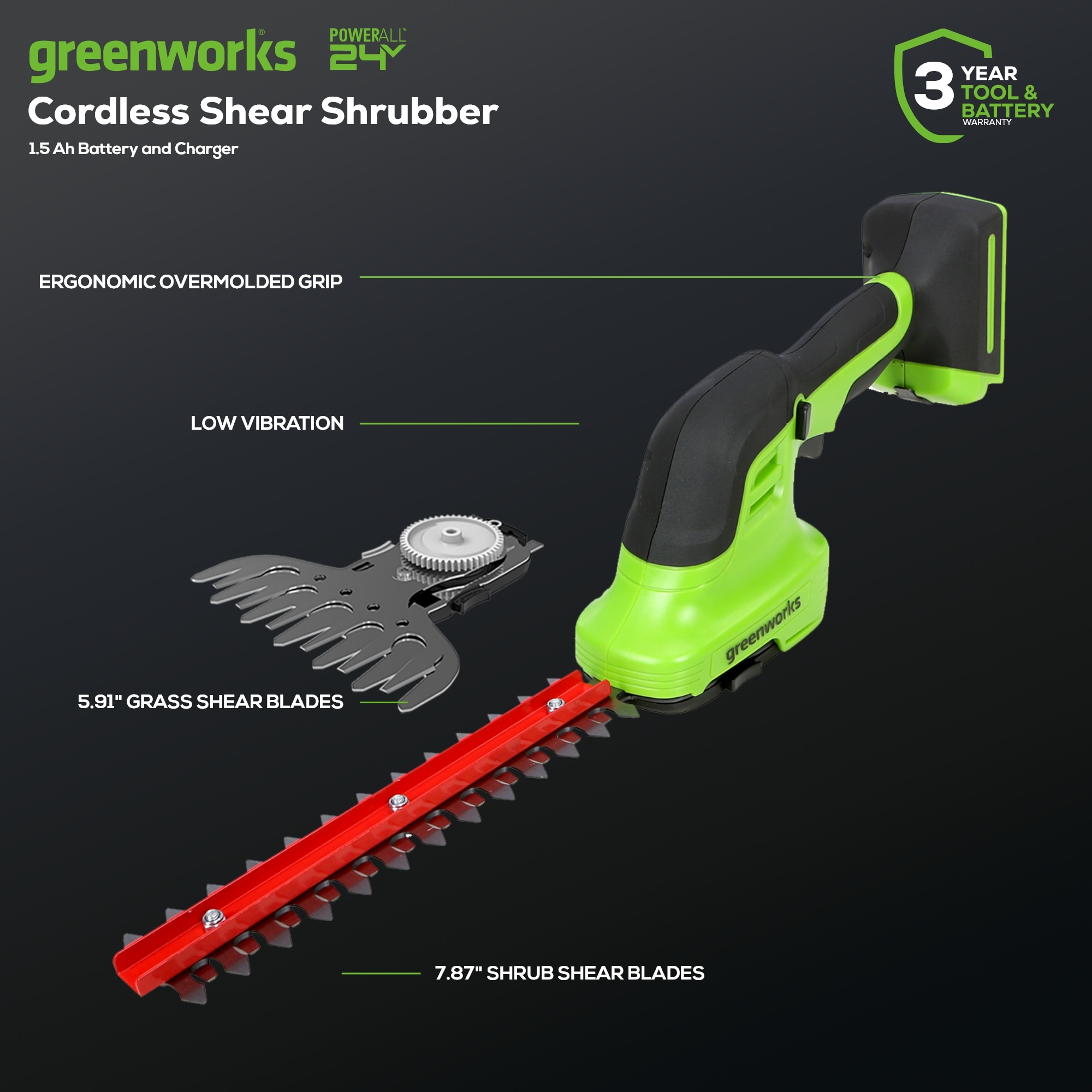 Greenworks 24-volt 6-in Battery Hedge Trimmer 1.5 Ah