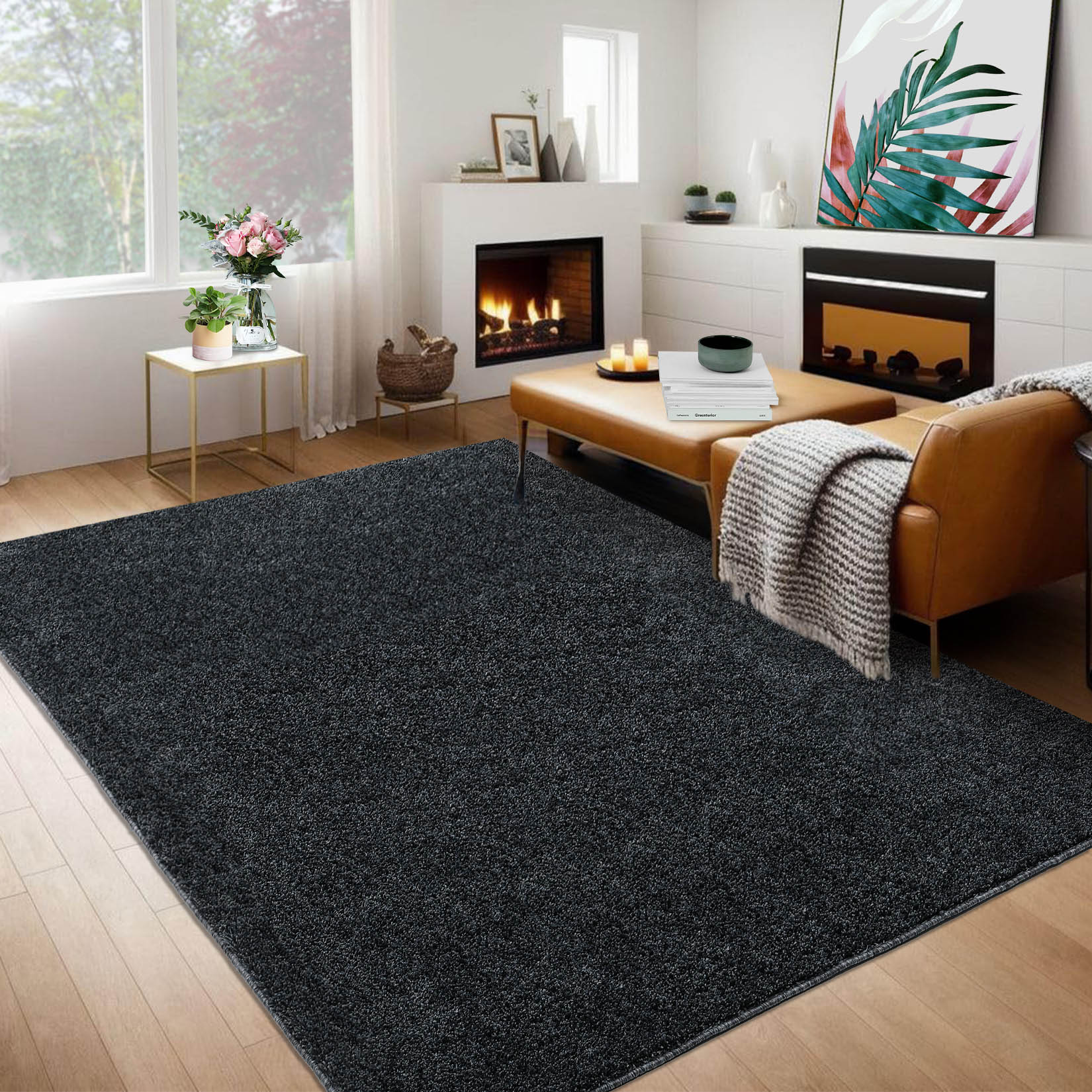 Garvee YXY-LO-PHO-0XUIFF8V 11 x 15 (ft) Loomed Polyester Black Rectangular Indoor Solid Mid-Century Modern Machine washable Area rug