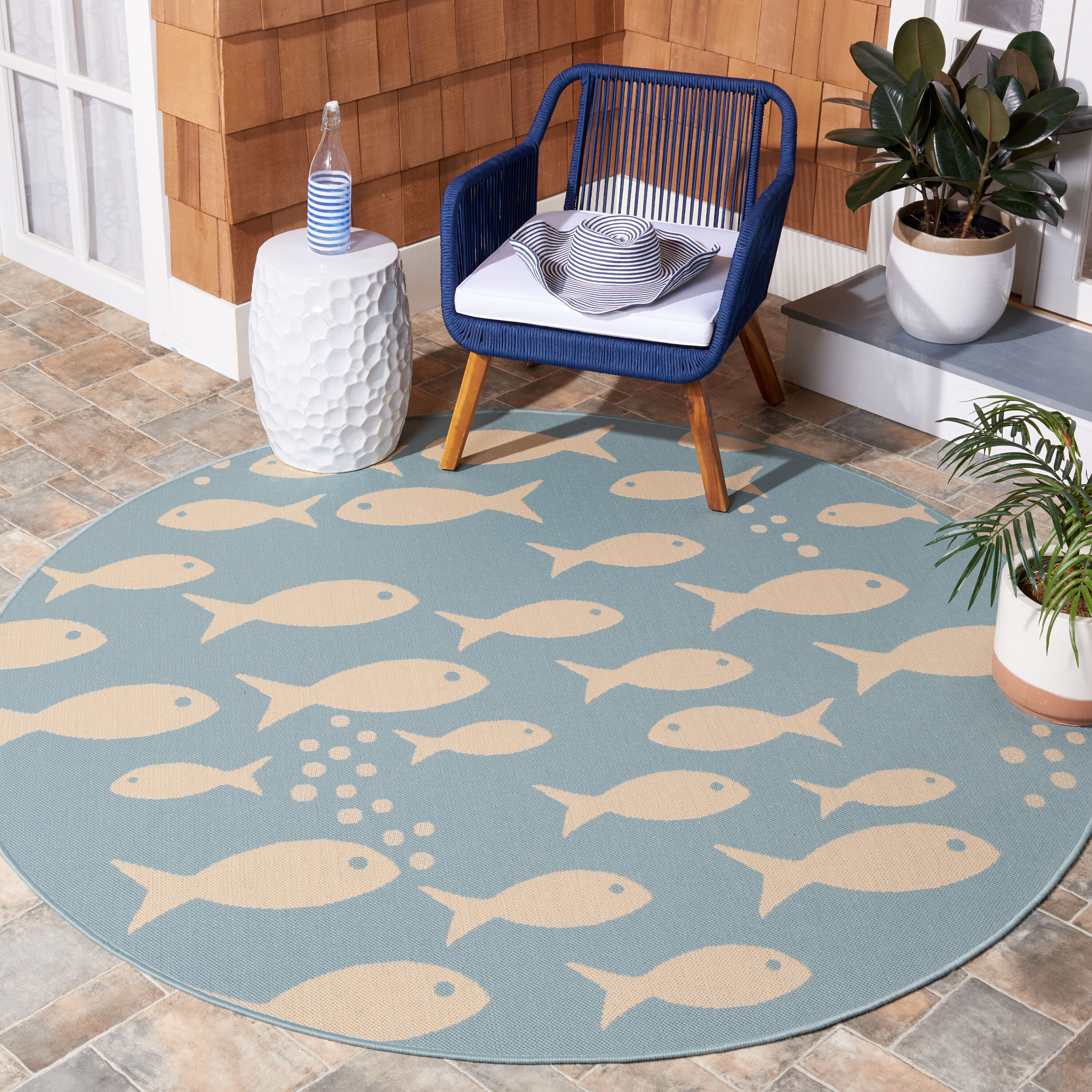 Safavieh CY6012-223-7R Courtyard 7 x 7 (ft) Loomed Synthetic Aqua/Beige Round Indoor/Outdoor Geometric Area rug