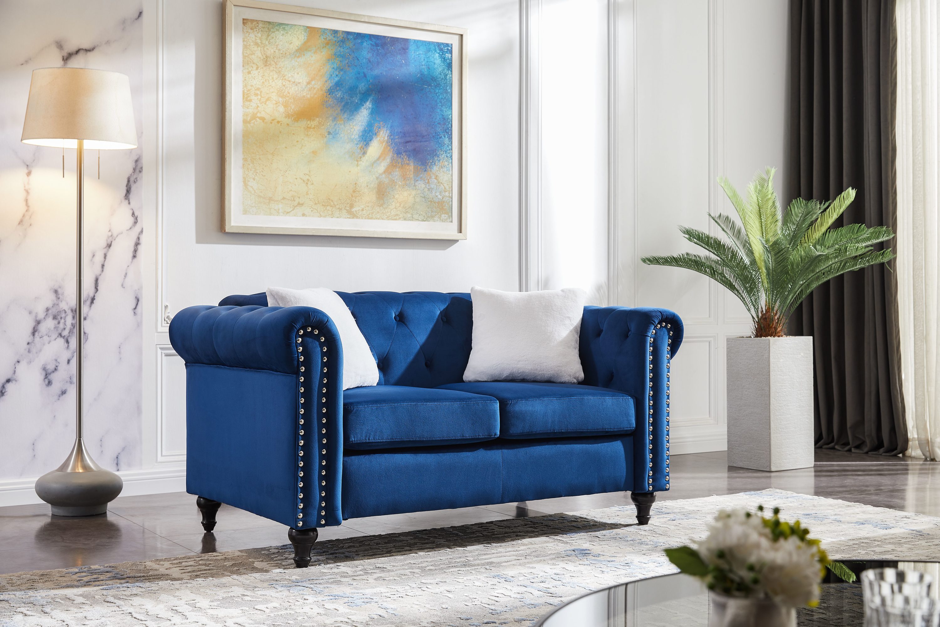 Clihome 2 Piece Living Room Sofa Set Modern 2-Piece Velvet Blue Living ...