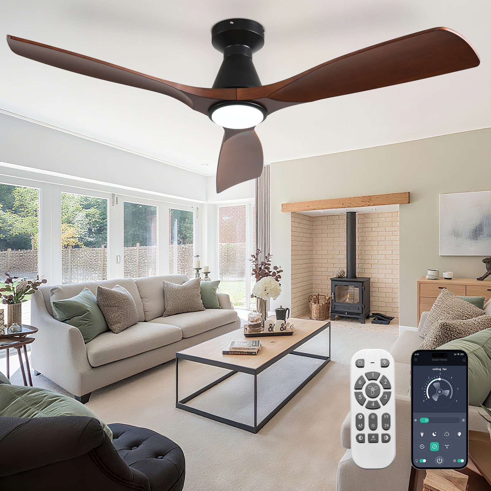 Depuley 186C 51-in black with walnut Blades LED Smart Fandelier Ceiling Fan With Light and Remote Control Included 3 -Blade