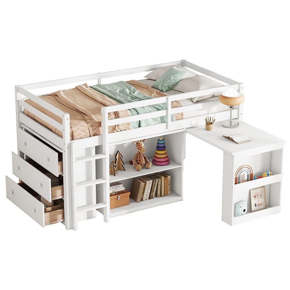 JUJABU White Twin Loft Bed with Drawer Cabinet Shelf Cabinet and Pulling Out Desk Rubber Wood Loft Bed with Safety Guardrail