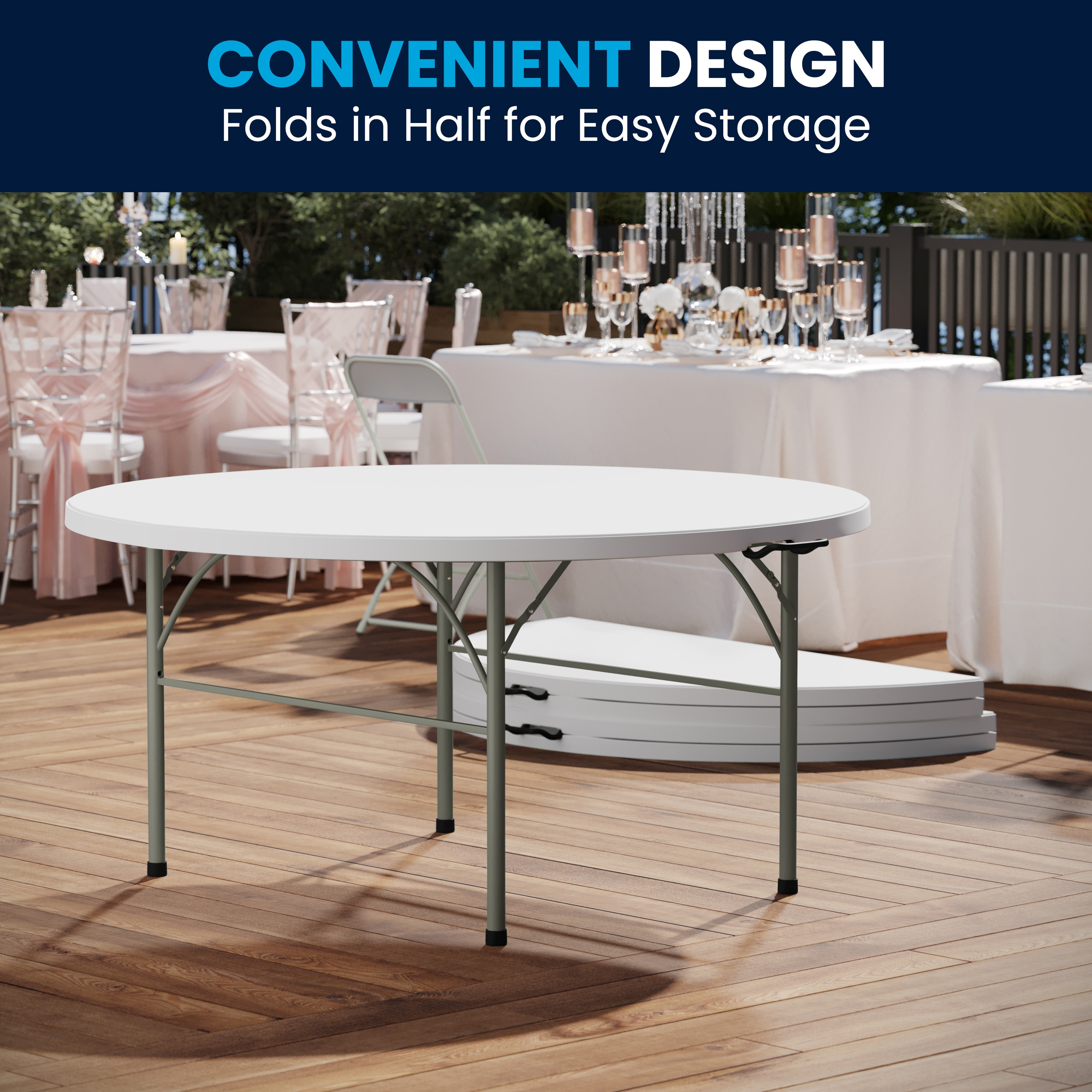 Granite White 60'' Round Bi-Fold Table with Metal Frame and Handle