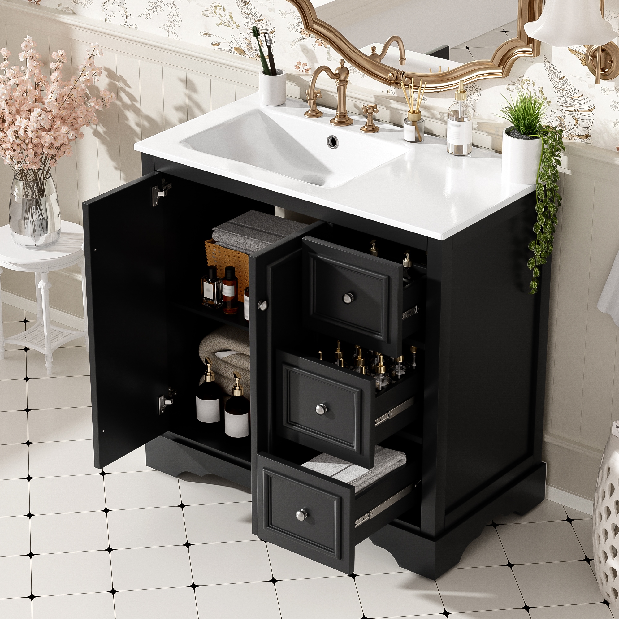 Tatayosi RY-P292966B 36 Inch Transitional Bathroom Vanity with Ceramic Sink and Three Drawers Adjustable U Shelf Storage Cabinet with Soft Close Doors