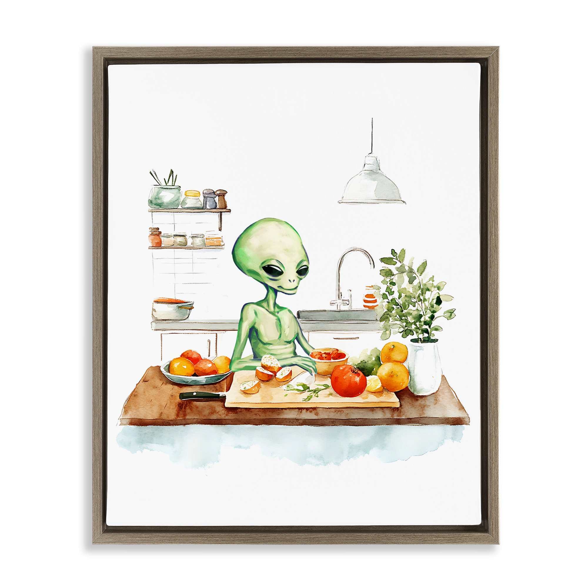 Stupell Industries BT-085-FFE-24X30 Alien Cooking in Kitchen Brown Framed Floater Canvas Wall Art By Lil Rue 25 x 31